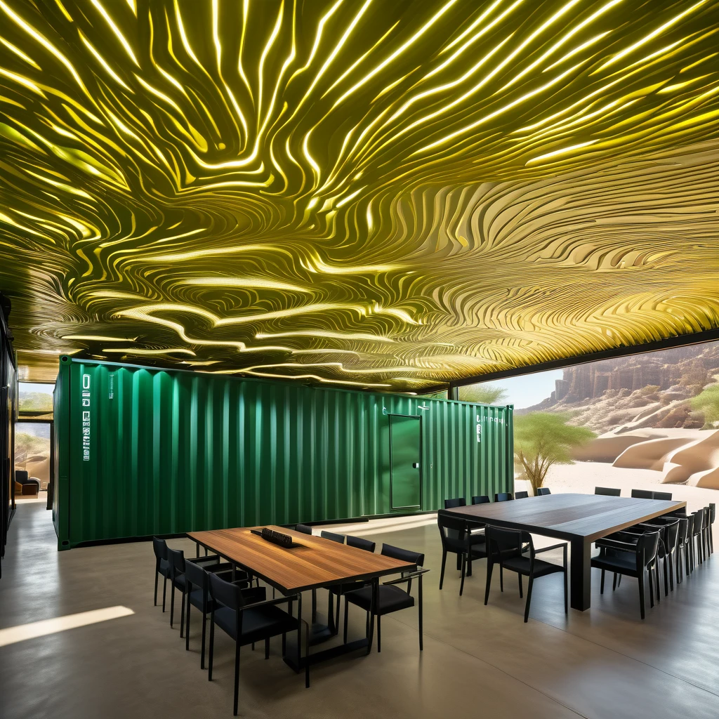 beautiful photograph like you are stay inside indoor mesmerizing a cargo container flat Suspensionally extended projected and looking to outside green rocky cave in Amazon indoor straight camera zoom-in view elegant dining restaurant with people modern twist luxurious container shape with huge windows sides inspiration from one floating cube shaped interior spatial geometric look and feel with minimalistic black & white atmosphere modern twist geometric architecture indoor huge green cave flat container conected with sidewalks and sand dune with elegant classy cargo furniture style with rectangular view front camera close-up on tall huge container and accessories in bespoke with modern twist architecture style & rectangular structure made of natural black & white huge glass unique with modern chandeliers and steel walls open to indoor dining area with with people ethereal with modern twist modern landscape structure & style like a grand amazon jungle green cave canyon and hundreds of Amazon trees in multi-layered open off-white with metalic decorative luxurious light and dramatic shadows in the front open huge opening to the desert with many huge trees, vibrent with modern twist architecture, environmental, Photographic style capture the essence of this extraordinary space and watch as it becomes a trendsetter on the international showcase, captivating the imagination of global audiences, it gives you feeling of hyper and luxury, hyper realistic, ultra-detailed, 8k, ultra-high resolution image, professional photography lighting and camera setting, ultra-clear ray tracing, ultra-clear image, ultra-clear functional rich materials finishes, ultra-modern structure furniture, fancy and rich look & feel, modern glowing lighting fixtures, no figures, multi-layered