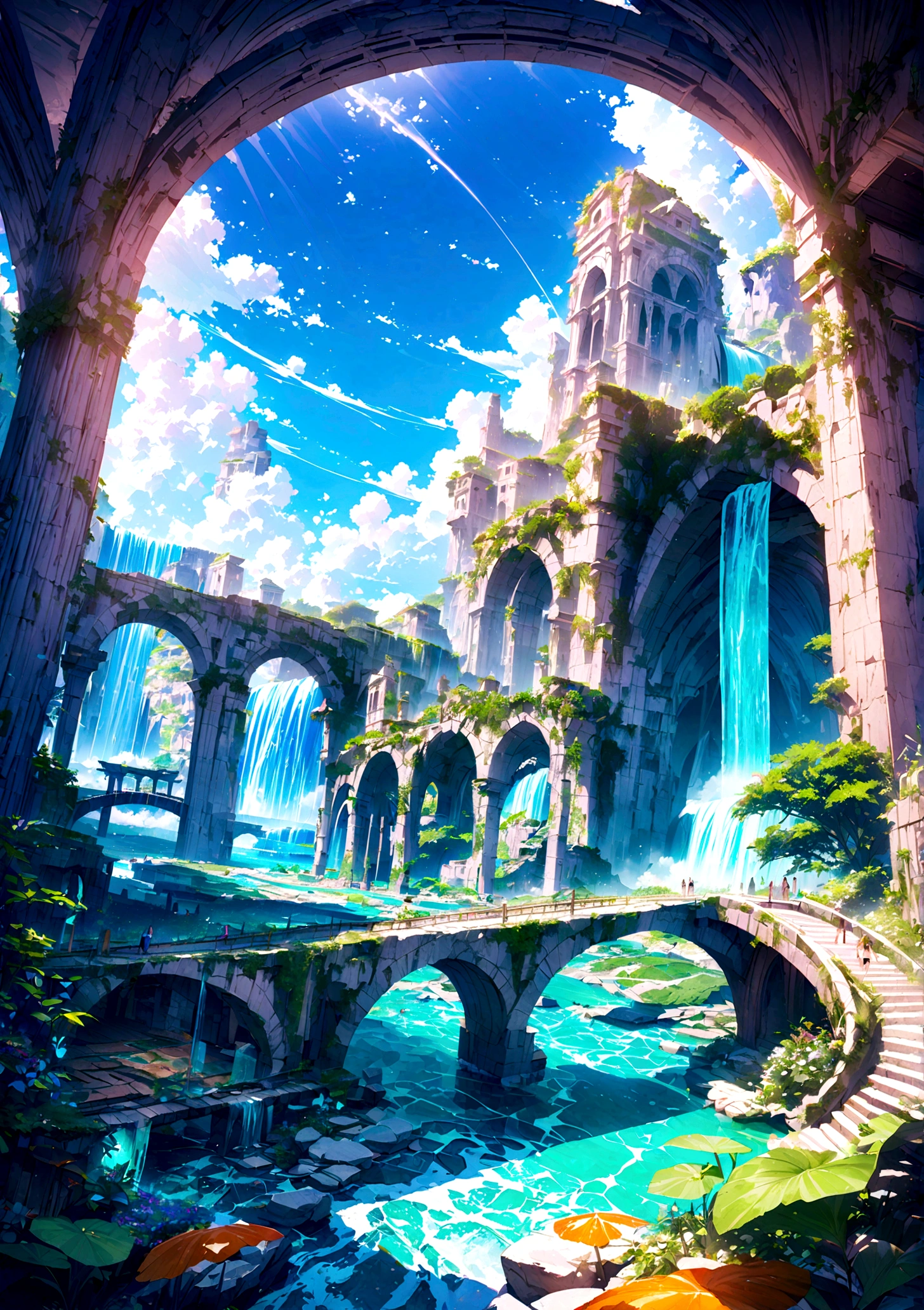 8K resolution, surreal, Super detailed, high quality, fantastical city, towering archways and bridges, cascading waterfalls, ancient ruins, lush greenery, winding river, blue skies with fluffy clouds, detailed stone structures, scenic landscapes, mix of natural and architectural beauty, vibrant colors