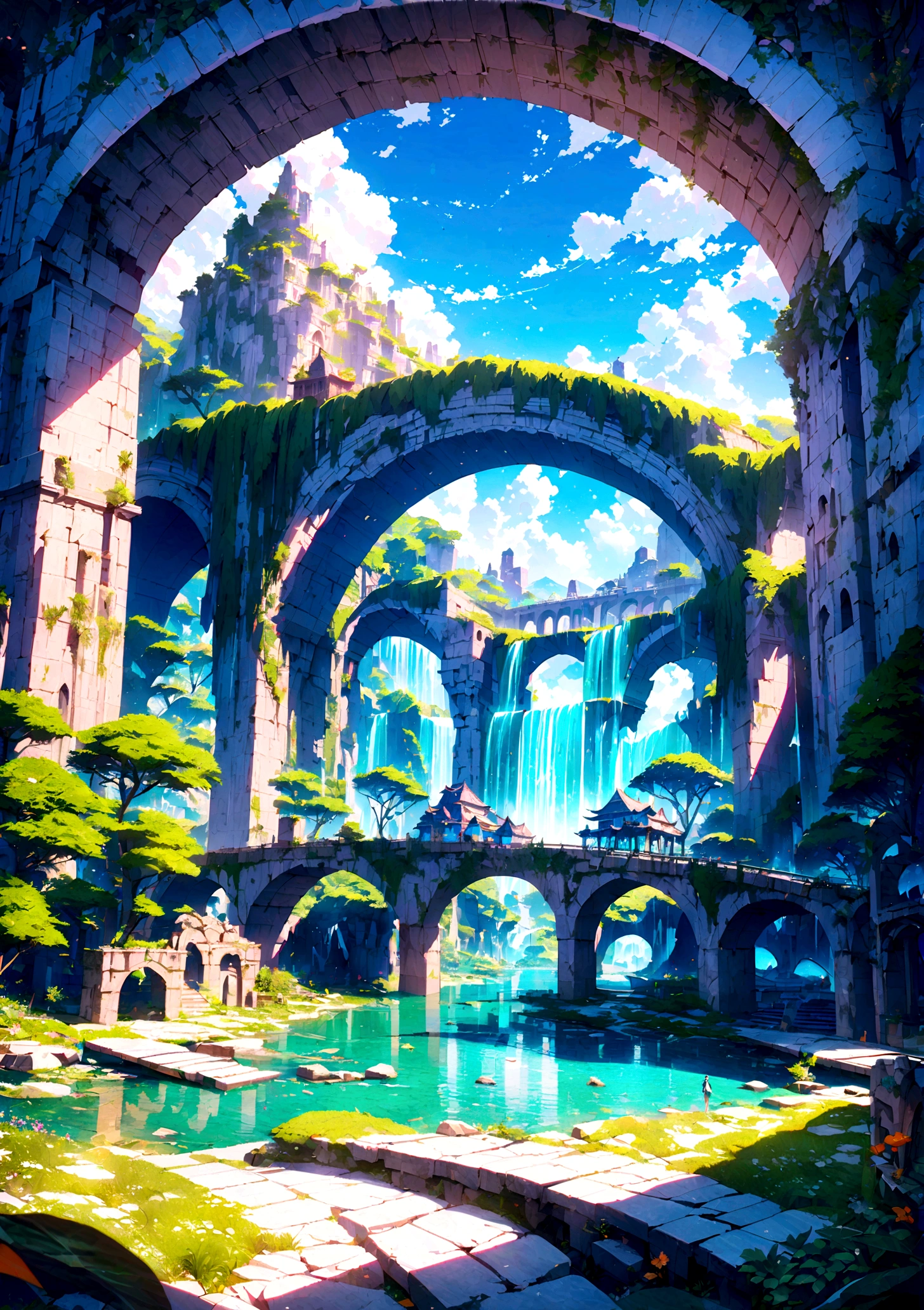 8K resolution, surreal, Super detailed, high quality, fantastical city, towering archways and bridges, cascading waterfalls, ancient ruins, lush greenery, winding river, blue skies with fluffy clouds, detailed stone structures, scenic landscapes, mix of natural and architectural beauty, vibrant colors
