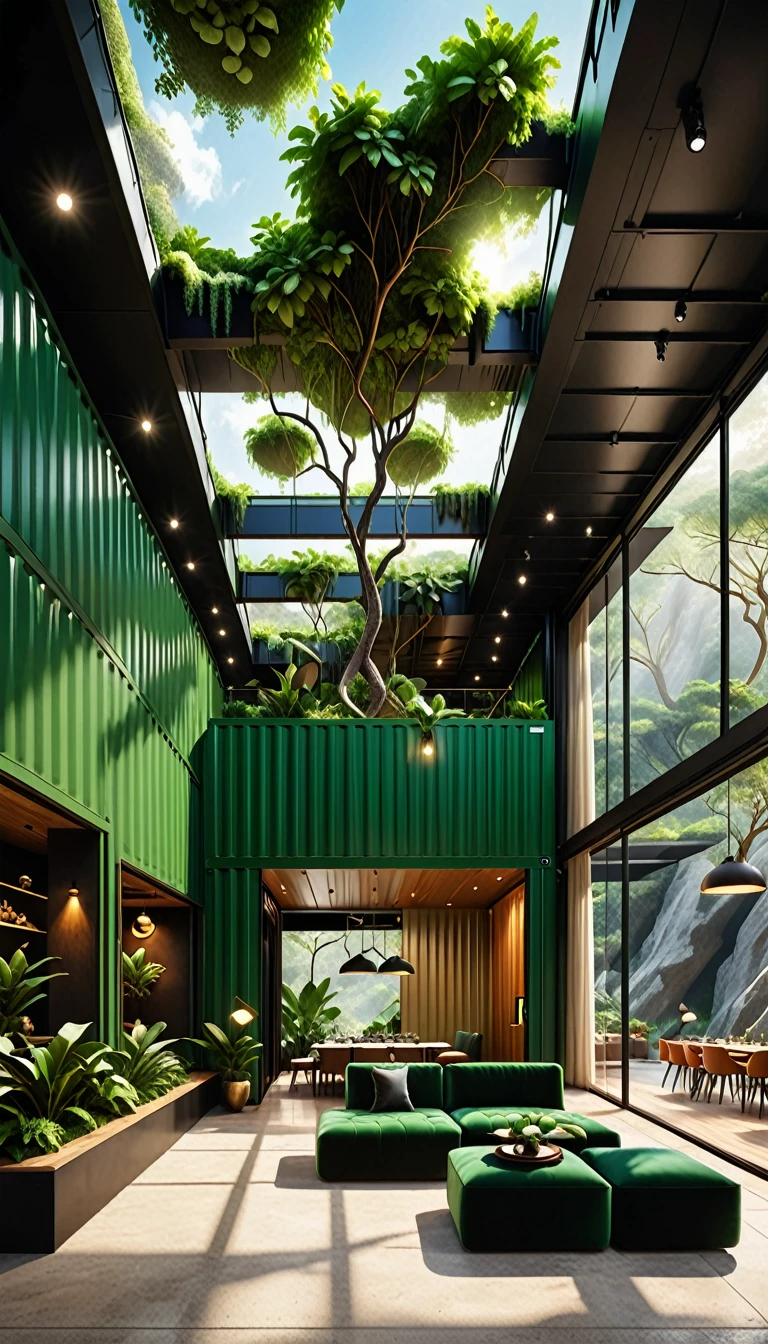 beautiful photograph like you are stay inside indoor mesmerizing a cargo container flat Suspensionally extended projected and looking to outside green rocky cave in Amazon indoor straight camera zoom-in view elegant dining restaurant with people modern twist luxurious container shape with huge windows sides inspiration from one floating cube shaped interior spatial geometric look and feel with minimalistic black & white atmosphere modern twist geometric architecture indoor huge green cave flat container conected with sidewalks and sand dune with elegant classy cargo furniture style with rectangular view front camera close-up on tall huge container and accessories in bespoke with modern twist architecture style & rectangular structure made of natural black & white huge glass unique with modern chandeliers and steel walls open to indoor dining area with with people ethereal with modern twist modern landscape structure & style like a grand amazon jungle green cave canyon and hundreds of Amazon trees in multi-layered open off-white with metalic decorative luxurious light and dramatic shadows in the front open huge opening to the desert with many huge trees, vibrent with modern twist architecture, environmental, Photographic style capture the essence of this extraordinary space and watch as it becomes a trendsetter on the international showcase, captivating the imagination of global audiences, it gives you feeling of hyper and luxury, hyper realistic, ultra-detailed, 8k, ultra-high resolution image, professional photography lighting and camera setting, ultra-clear ray tracing, ultra-clear image, ultra-clear functional rich materials finishes, ultra-modern structure furniture, fancy and rich look & feel, modern glowing lighting fixtures, no figures, multi-layered