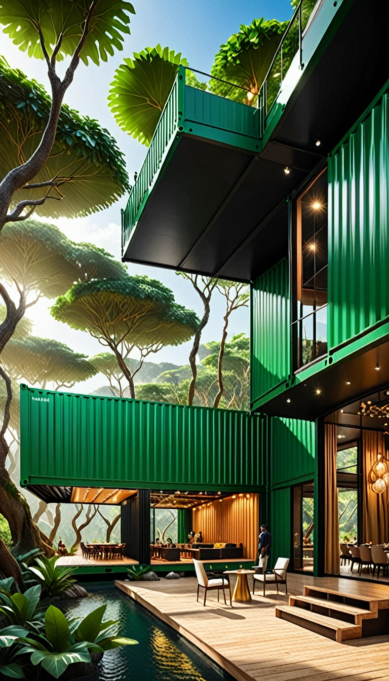 beautiful photograph like you are stay inside indoor mesmerizing a cargo container flat Suspensionally extended projected and looking to outside green rocky cave in Amazon indoor straight camera zoom-in view elegant dining restaurant with people modern twist luxurious container shape with huge windows sides inspiration from one floating cube shaped interior spatial geometric look and feel with minimalistic black & white atmosphere modern twist geometric architecture indoor huge green cave flat container conected with sidewalks and sand dune with elegant classy cargo furniture style with rectangular view front camera close-up on tall huge container and accessories in bespoke with modern twist architecture style & rectangular structure made of natural black & white huge glass unique with modern chandeliers and steel walls open to indoor dining area with with people ethereal with modern twist modern landscape structure & style like a grand amazon jungle green cave canyon and hundreds of Amazon trees in multi-layered open off-white with metalic decorative luxurious light and dramatic shadows in the front open huge opening to the desert with many huge trees, vibrent with modern twist architecture, environmental, Photographic style capture the essence of this extraordinary space and watch as it becomes a trendsetter on the international showcase, captivating the imagination of global audiences, it gives you feeling of hyper and luxury, hyper realistic, ultra-detailed, 8k, ultra-high resolution image, professional photography lighting and camera setting, ultra-clear ray tracing, ultra-clear image, ultra-clear functional rich materials finishes, ultra-modern structure furniture, fancy and rich look & feel, modern glowing lighting fixtures, no figures, multi-layered