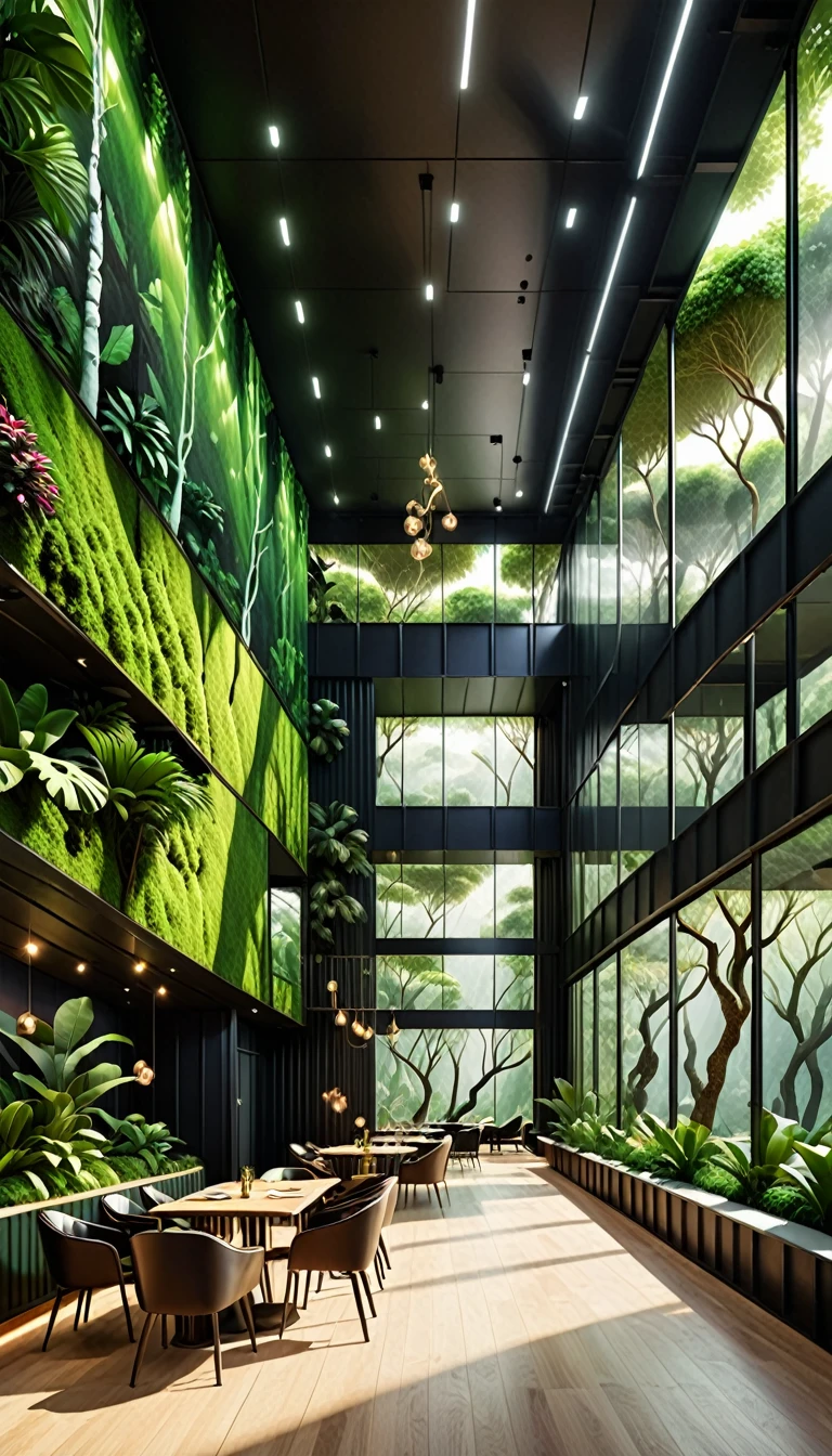beautiful photograph like you are stay inside indoor mesmerizing a cargo container flat Suspensionally extended projected and looking to outside green rocky cave in Amazon indoor straight camera zoom-in view elegant dining restaurant with people modern twist luxurious container shape with huge windows sides inspiration from one floating cube shaped interior spatial geometric look and feel with minimalistic black & white atmosphere modern twist geometric architecture indoor huge green cave flat container conected with sidewalks and sand dune with elegant classy cargo furniture style with rectangular view front camera close-up on tall huge container and accessories in bespoke with modern twist architecture style & rectangular structure made of natural black & white huge glass unique with modern chandeliers and steel walls open to indoor dining area with with people ethereal with modern twist modern landscape structure & style like a grand amazon jungle green cave canyon and hundreds of Amazon trees in multi-layered open off-white with metalic decorative luxurious light and dramatic shadows in the front open huge opening to the desert with many huge trees, vibrent with modern twist architecture, environmental, Photographic style capture the essence of this extraordinary space and watch as it becomes a trendsetter on the international showcase, captivating the imagination of global audiences, it gives you feeling of hyper and luxury, hyper realistic, ultra-detailed, 8k, ultra-high resolution image, professional photography lighting and camera setting, ultra-clear ray tracing, ultra-clear image, ultra-clear functional rich materials finishes, ultra-modern structure furniture, fancy and rich look & feel, modern glowing lighting fixtures, no figures, multi-layered