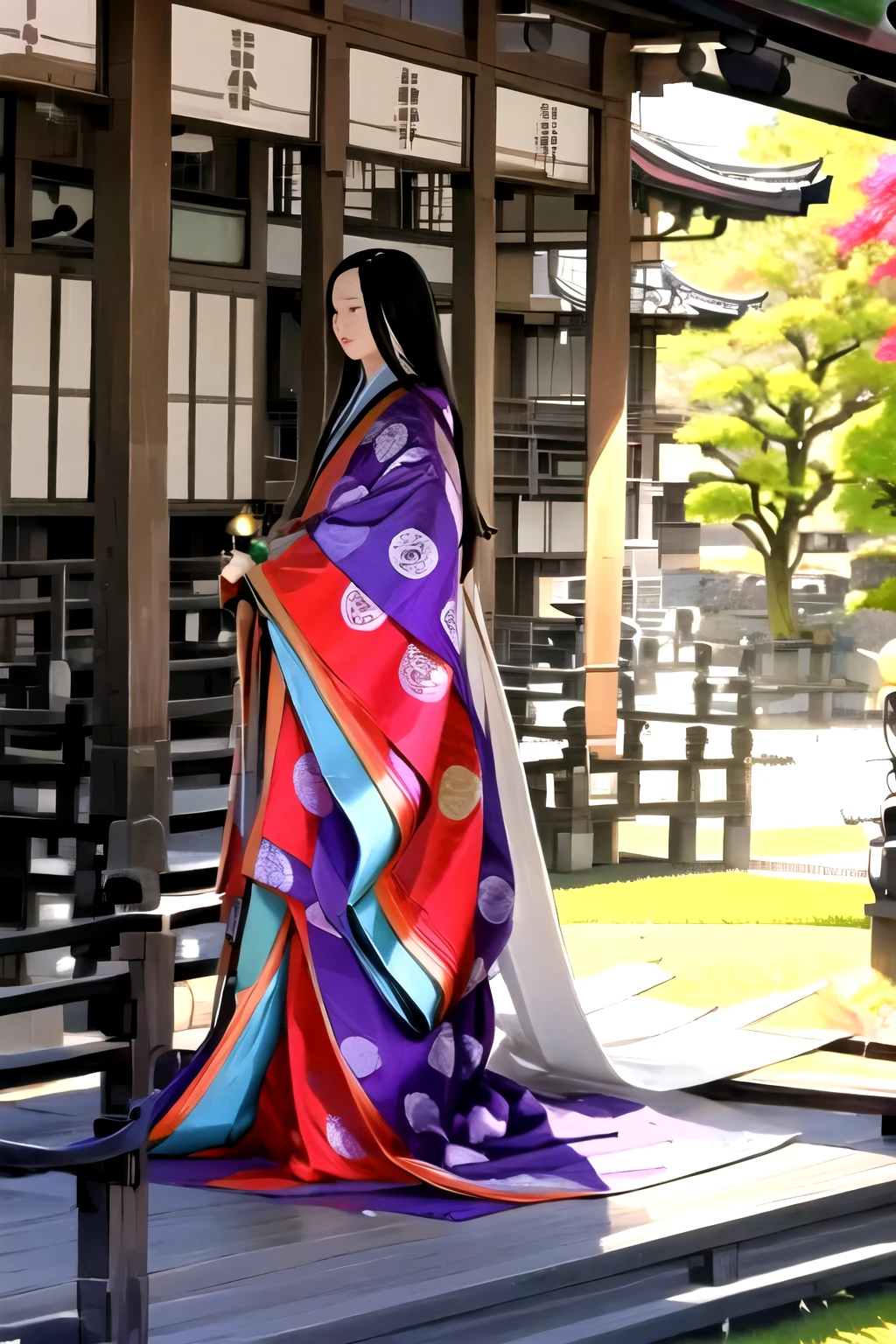 (masterpiece, highest quality:1.2), One girl, (beautiful japanese girl:1.2), juni-hitoe, solo, (full body), Straight long black hair、hiogi、court crest print, itutuginu, kasanenoirome, munamoto itutugine, sodeguchi itutuginu, suso itutuginnu, detail, Blank background, white background,