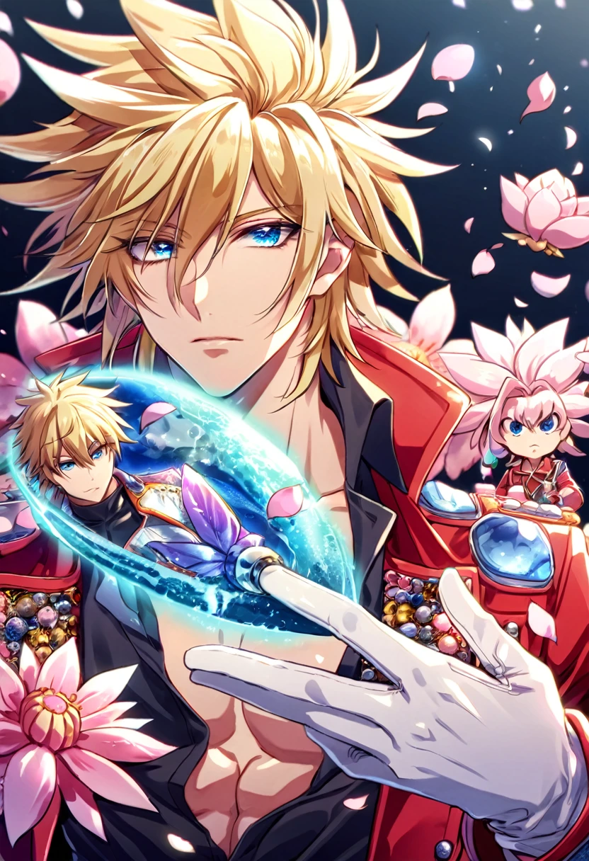 Ultra detailed, highres, absurdres, HDR, master piece, Spectra Phantom, blond spiked hair, middle hair, expressive blue eyes, Bakugan New Vestroia, red jacket with fur, white gloves, black shirt with patterns, fantasy, petals, blossoms, pink flowers, water, sexy man, handsome, magic, best quality, extremely detailed face and eyes, solo, toned chest