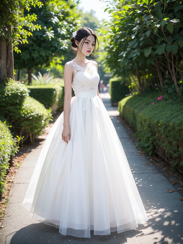 (masterpiece, best quality:1.2), 1girl, solo, delicate face, white-skinned female, see-through silhouette, white dress, full body, outdoor