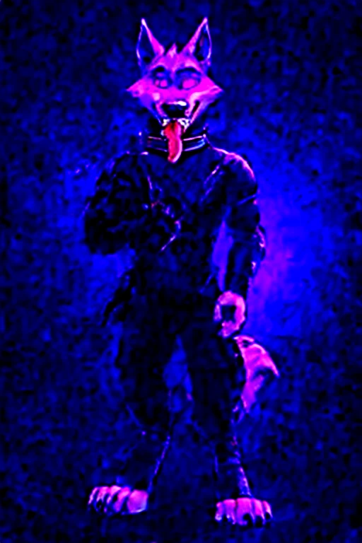 Death wolf hellhound standing, tongue out, using a gray latex suit, and a black techno collar, hypnotized with glowing purple eyes without iris or pupils, tongue out, full body image, carrying a futuristic rifle in his hands, laboratory background