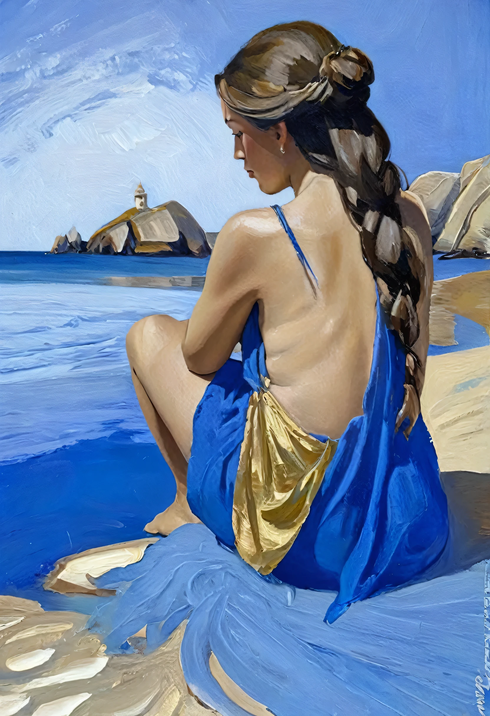 Oil Painting of a Woman, estilo gaugin, sitting on a beach with her back to the camera, She has long brown hair and is wearing blue and gold clothes., estilo game of thrones, magrita pura. detalhado, olhando por cima do ombro, estilo diego rivera