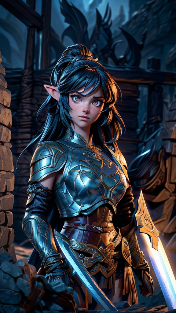a powerful female warrior, epic fantasy battle scene, intricate armor, imposing sword, determined expression, flowing hair, dramatic lighting, moody atmosphere, cinematic composition, (best quality,4k,8k,highres,masterpiece:1.2),ultra-detailed,(realistic,photorealistic,photo-realistic:1.37),dramatic lighting,vibrant colors,fantasy art