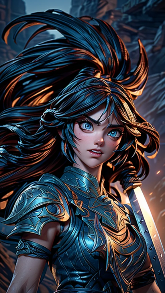 a powerful female warrior, epic fantasy battle scene, intricate armor, imposing sword, determined expression, flowing hair, dramatic lighting, moody atmosphere, cinematic composition, (best quality,4k,8k,highres,masterpiece:1.2),ultra-detailed,(realistic,photorealistic,photo-realistic:1.37),dramatic lighting,vibrant colors,fantasy art