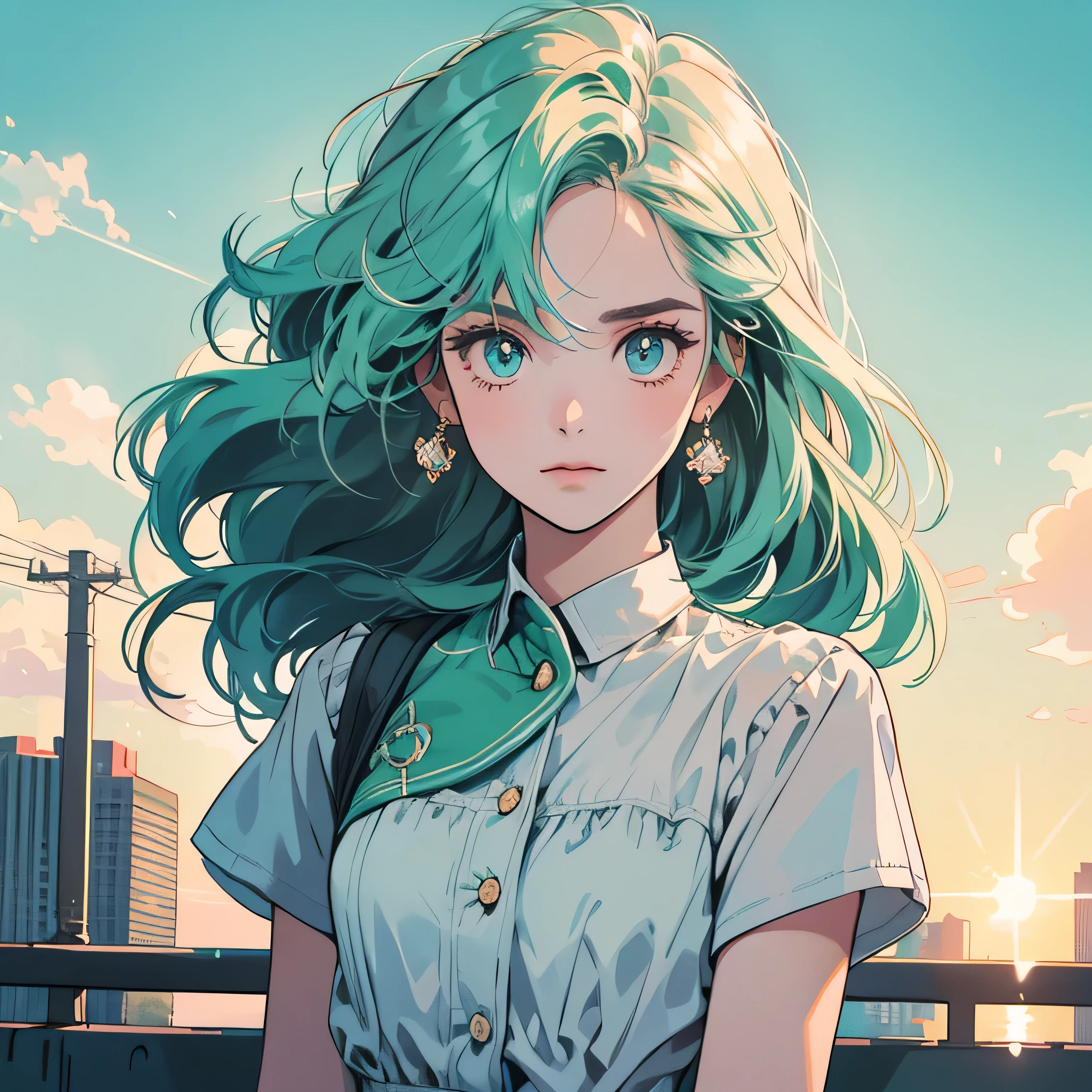 upper body, 1 woman, top quality, 8K, wind blowing, white short sleeves, sunset, future city, skyscraper, power lines, crosswalk, sign, railroad tracks, train station, (((shining eyes))), (((strong gaze))), light green hair, detailed hair, complex background, detailed details, light lighting, backlight, dim, clouds in sky, Front, (((Various hairstyles and hair lengths))),(((mysterious)))