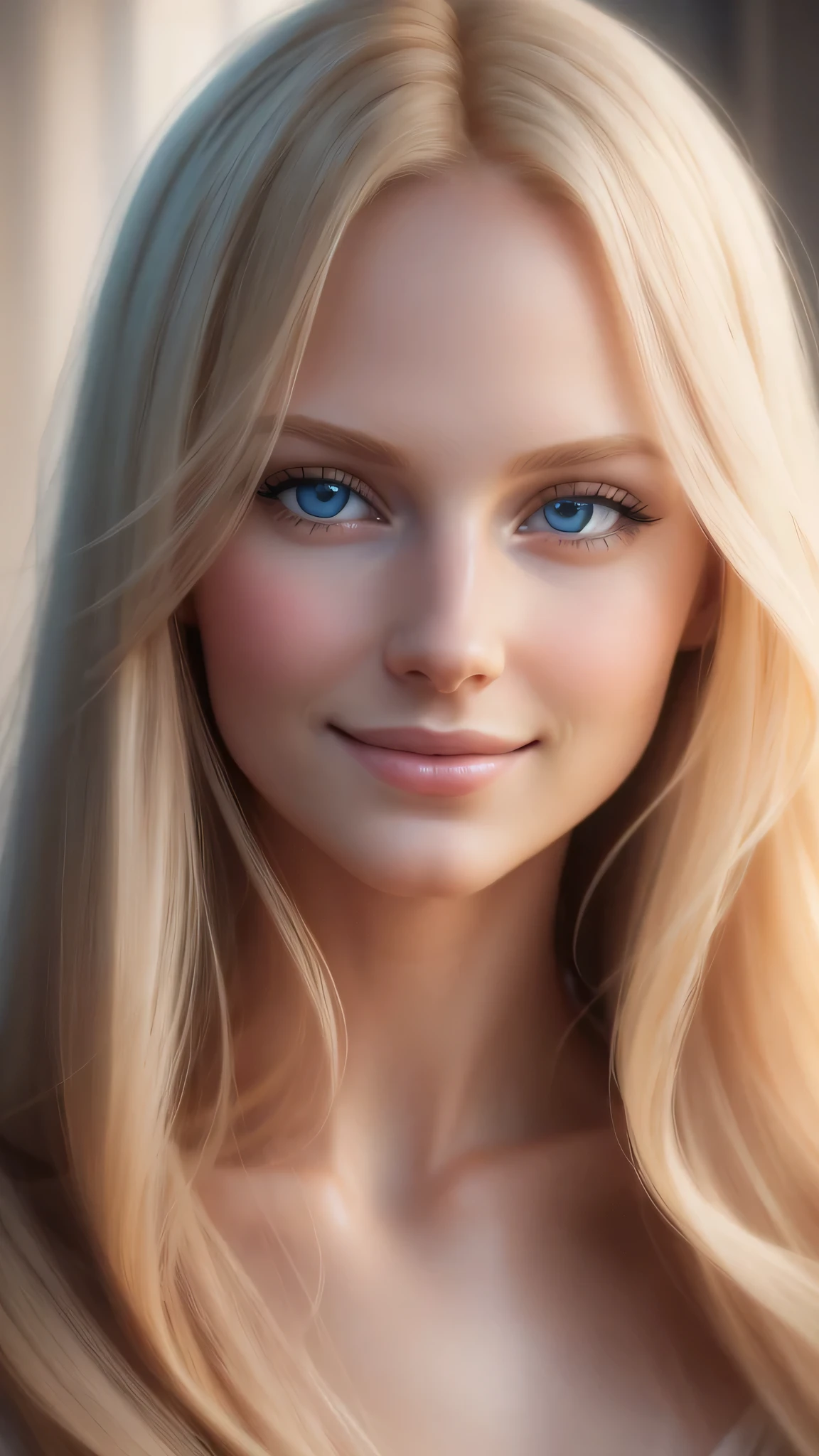 Soft portrait of a beautiful blonde woman, flowing golden hair, captivating blue eyes, delicate features, radiant smile, natural makeup, elegant attire, gentle expression, subtle blush, warm skin tones, ethereal lighting, soft shadows, high-resolution digital painting, realistic style, artistic interpretation, by a skilled portrait artist, ArtStation showcase.