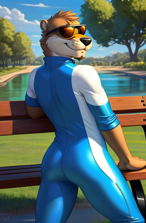 solo, male, brown fur, otter, chase hunter, brown goatee, wearing a (white and silver shiny spandex bodysuit cycling suit lycra, spandex one-piece spandex lycra bodysuit), wearing a (orange chrome sunglasses), at a public park, lay on a bench, showing back, (focus on butt), presenting butt to the viewer, look back to the viewer, ass tails, otter long tail, lustful smile expression, full body shot, sexy pin-up posing, by zackarry911, by zaush, detailed eye, detailed face