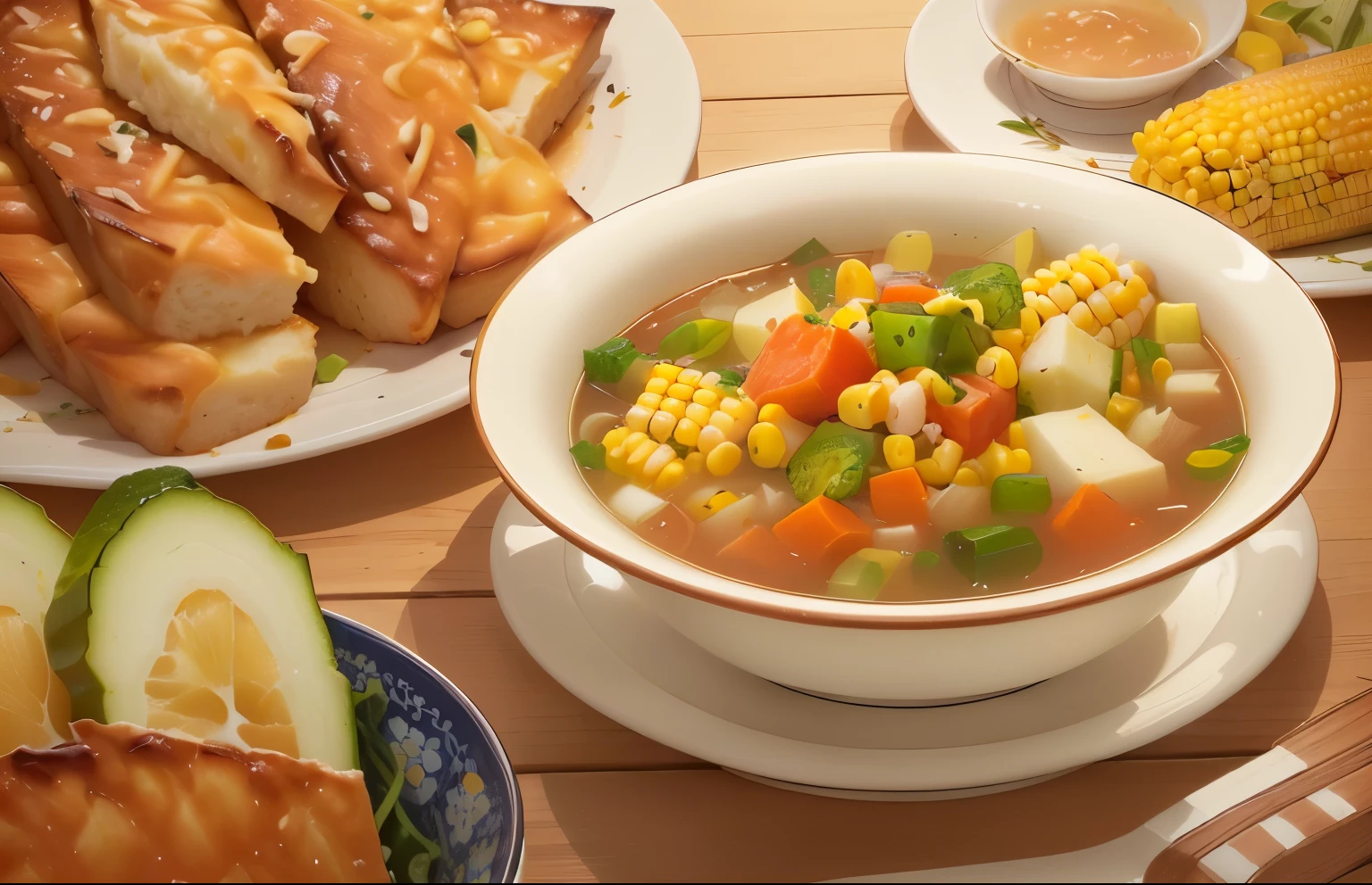 There is a bowl of corn and vegetable soup on the table, Anime Food, Amazing food illustrations, food advertising 4k, delicious food, Super realistic food pictures, The table is full of food, bowl filled with food, Detailed fan art, Close-up of food, background technologywork, Inspired by Chen Tingpo, background technology, Inspired by Yanagawa Shinsada