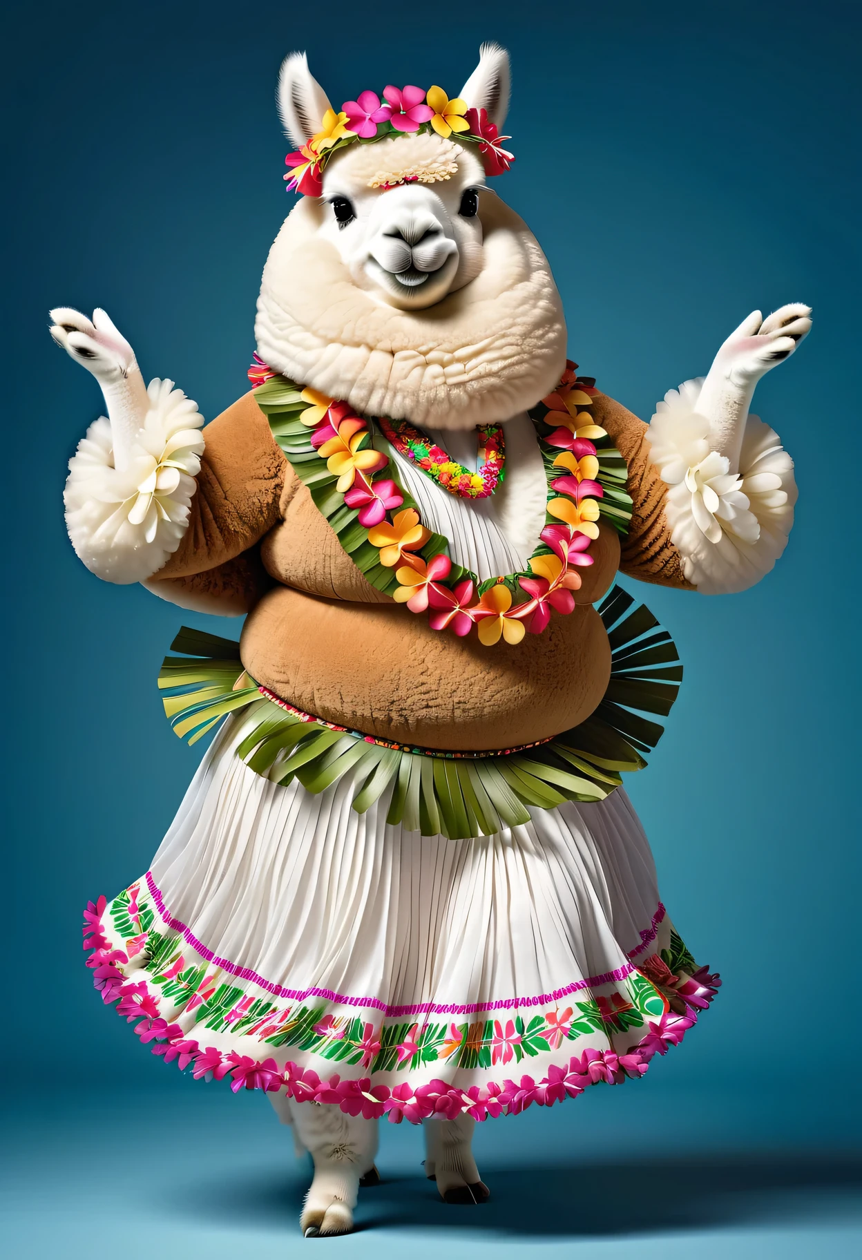 photorealistic portrait of Dressed animals - a ((fat)) alpaca hula dancer,(hula dancing:2.0), (swinging arms :2.0),(happy smile:1.2),high quality,(happy),(lovely) ,intricate details, (furry), highly detailed ((female hula dance costume)) ,highly detailed decorations, wearing (bikini) and flower lei , (happy), studio lighting,(full body image:1.5),simple background,(viewed from side:2.0),(perfect hands)