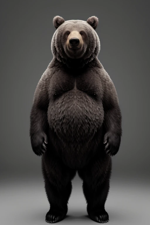 A realistic, full-body, grayscale image of a slightly chubby, cute animal, a grizzly bear, standing upright