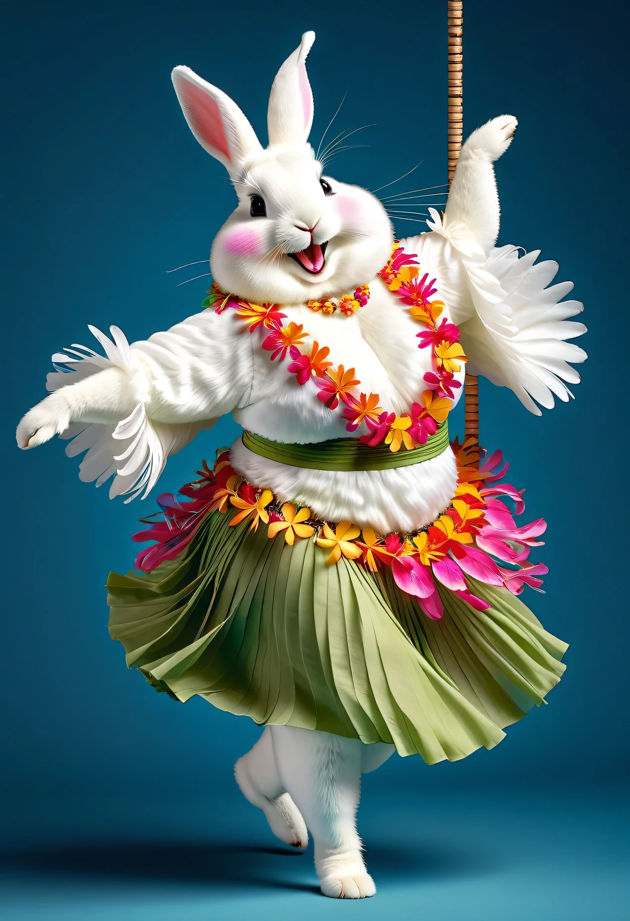 photorealistic portrait of Dressed animals - a ((fat)) angora rabbit hula dancer,(hula dancing:2.0), (swinging arms :2.0),(happy smile:1.2),high quality,(happy),(lovely) ,intricate details, (furry), highly detailed ((female hula dance costume)) ,highly detailed decorations, wearing (bikini) and flower lei , (happy), studio lighting,(full body image:1.5),simple background,(viewed from side:2.0),(perfect hands)