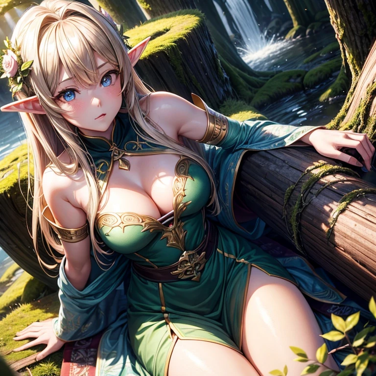 (8k, super details, award winning), anime style, three sided view, from above, bokeh, masterpiece, best quality, anatomically correct, (beautiful eyes), 1girl, solo, elf girl laid on wood log, glowing eyes, flowing hair, elegant dress, sunlight filtering through trees, mossy log, lush greenery, detailed facial features, expressive pose, peaceful atmosphere 