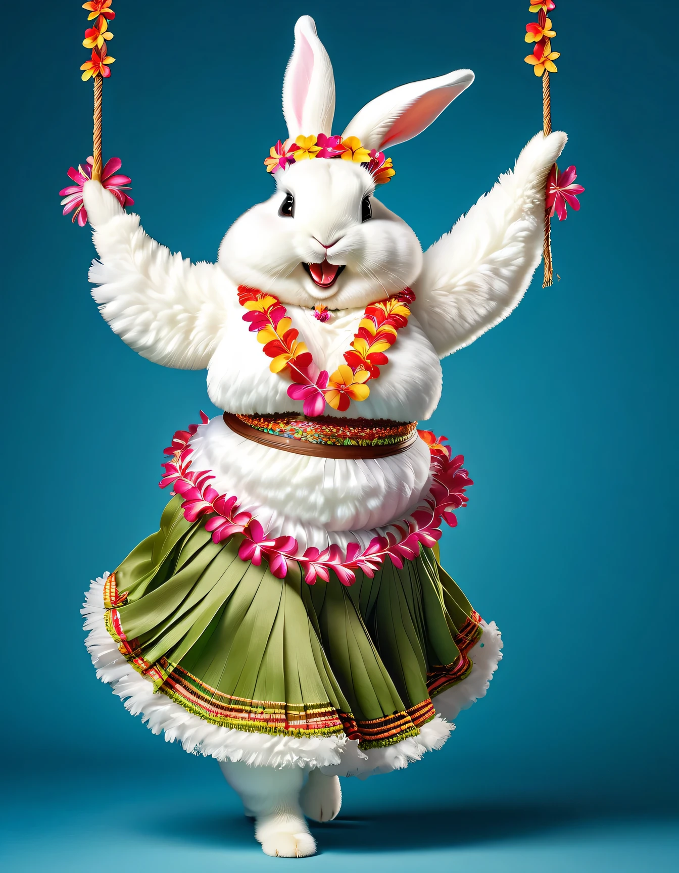 photorealistic portrait of Dressed animals - a ((fat)) angora rabbit hula dancer,(hula dancing:2.0), (swinging arms :2.0),(happy smile:1.2),high quality,(happy),(lovely) ,intricate details, (furry), highly detailed ((female hula dance costume)) ,highly detailed decorations, wearing (bikini) and flower lei , (happy), studio lighting,(full body image:1.5),simple background,(viewed from side:2.0),(perfect hands)