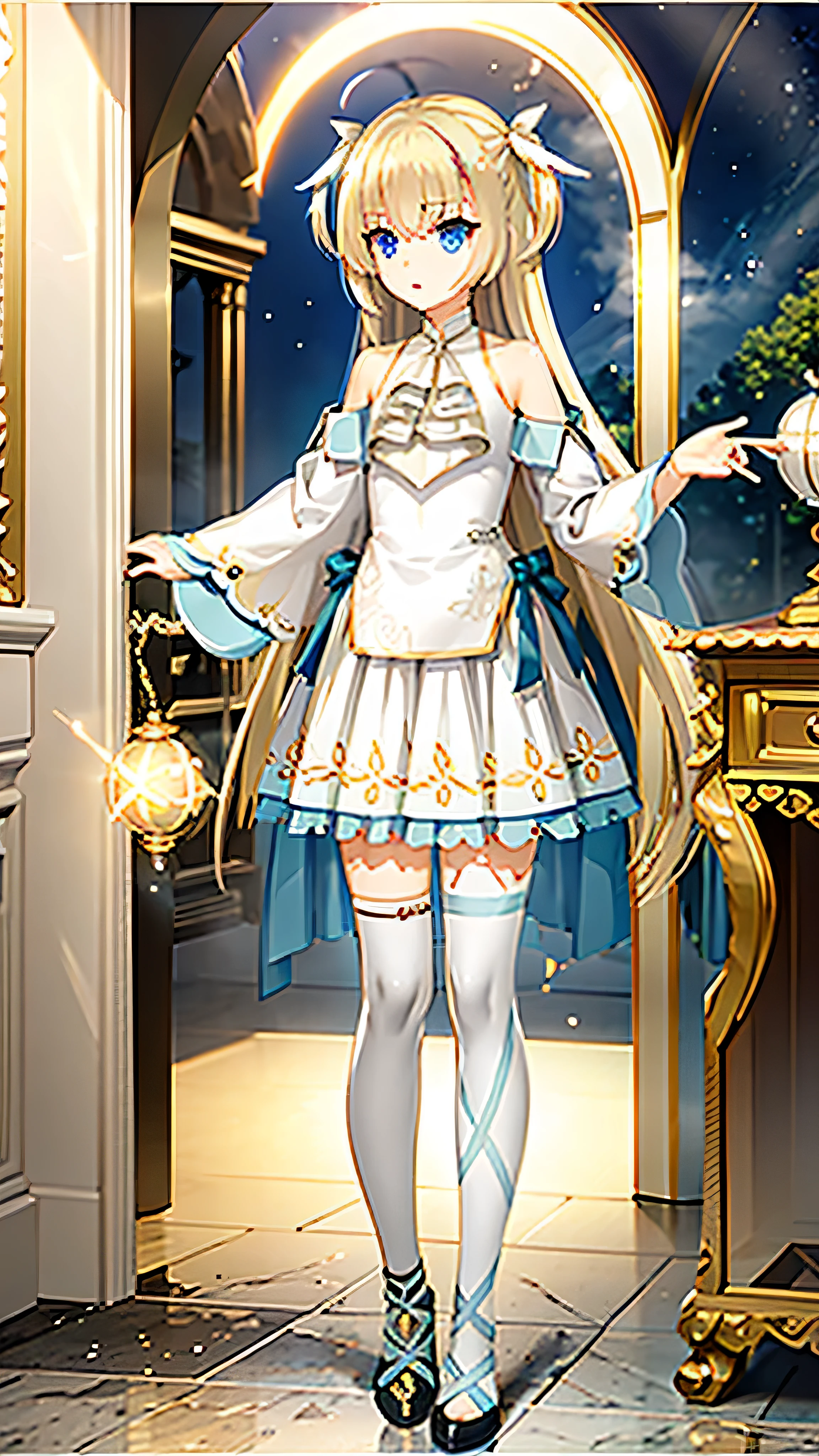 masterpiece,Highest quality,A dignified and elegant girl,Blonde hair and blue eyes,White tuxedo,God of Order,Light Shining on the Earth,The light of God,Temple of Order,Aurora,Void Phantom Mirror Broken,The Secret of Dominating All Worlds,Light and Dark Space-Time Collision,Full body picture,The Judgment of the Undying Light,To the audience,Holding a box in hand,Cruise in the abyss of light