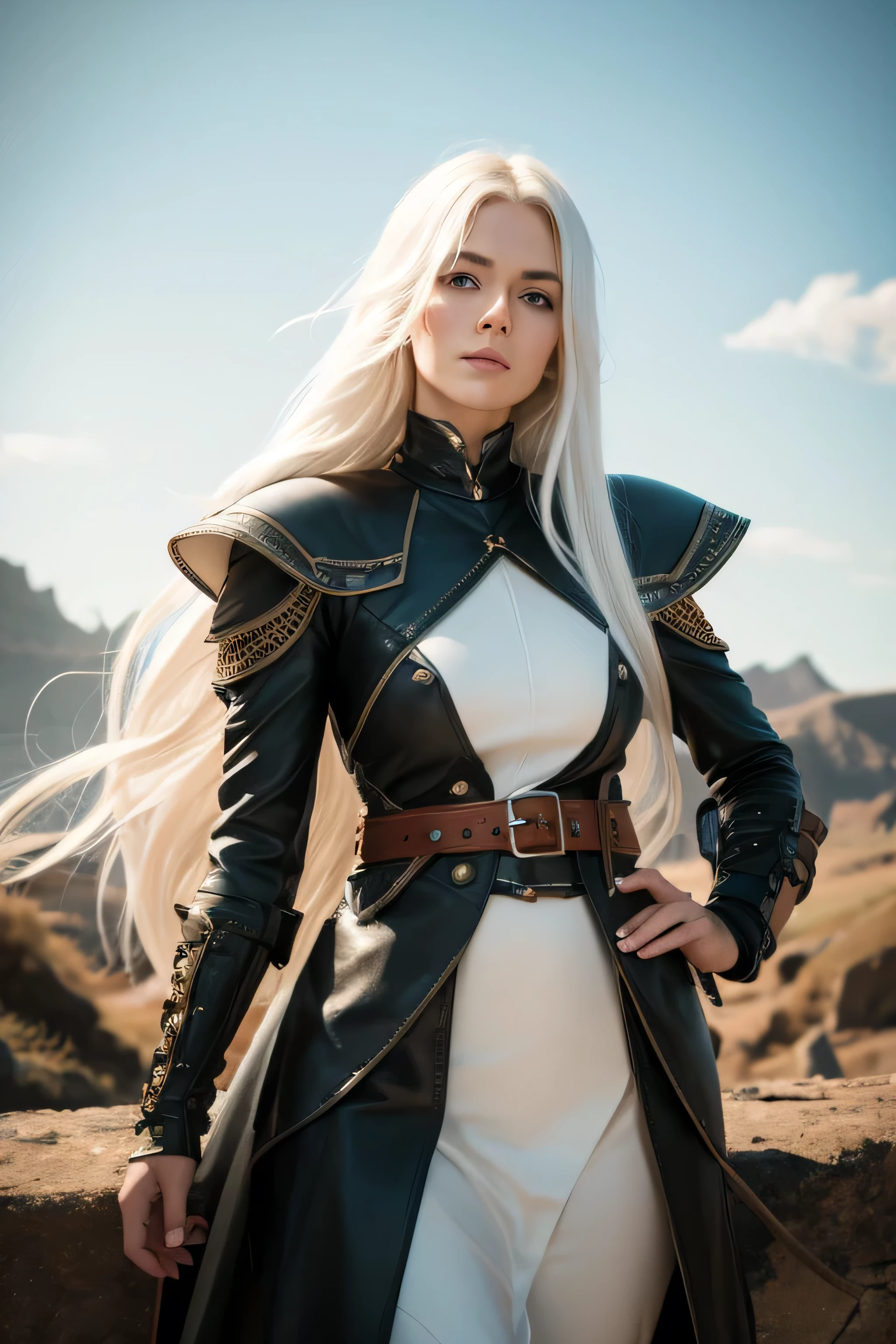 1 female medival ranger, long white hair, wearing leather, 25 years old, absurdres, high res, ultrasharp, 8K, masterpiece, the image should be of absurd resolution and high detail. It should be ultra-sharp and available in 8K resolution, representing a masterpiece in image quality.