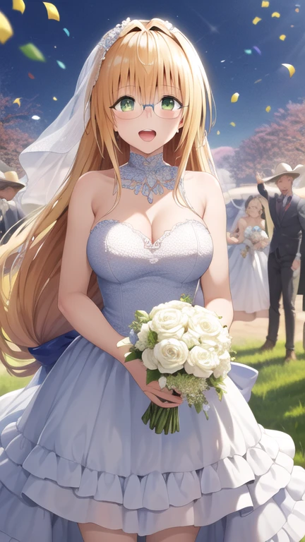 masterpiece, best quality, highres, Tearju Lunatique, very long hair, low-tied long hair, hair ribbon, green eyes, glasses, large breasts,  wedding dress, white dress, strapless, holding bouquet, cowboy shot, smile, open mouth, confetti,