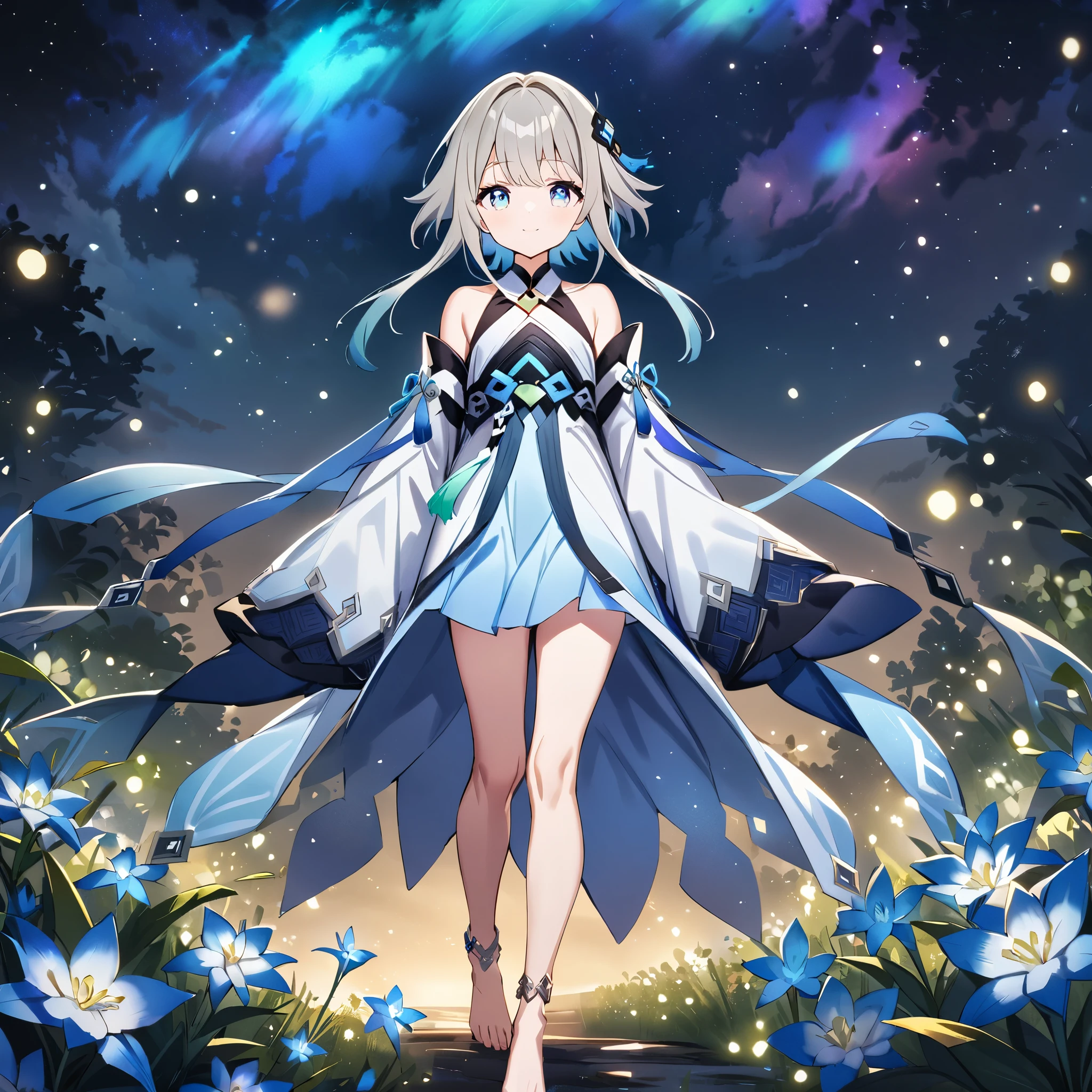 1girl, guizhong_\(genshin_impact\),light grey hair,short_hair_with_long_locks,starry_sky_print,detached_sleeves, long sleeves that drape over hands past fingers,sleeves cover hands,arms at sides,hanfu,illustrated by matsuryuu and agahari,pale blue eyes,stunning field of softly glowing blue and white glaze lilies,night scene,gentle smile,moonlight,glossy lips,vivid anime coloring,cel shading,smooth, soft dreamy focus,anklet,halter_top,white clothes,highly detailed,digital painting,field of flowers,bare_shoulders,barefoot,cool night tones, magical night scene,masterpiece, best quality, film, bokeh, multicolored light particles,professional, 4k, highly detailed,fireflies,nebula of rainbow and silvery vapor,8k,uhd