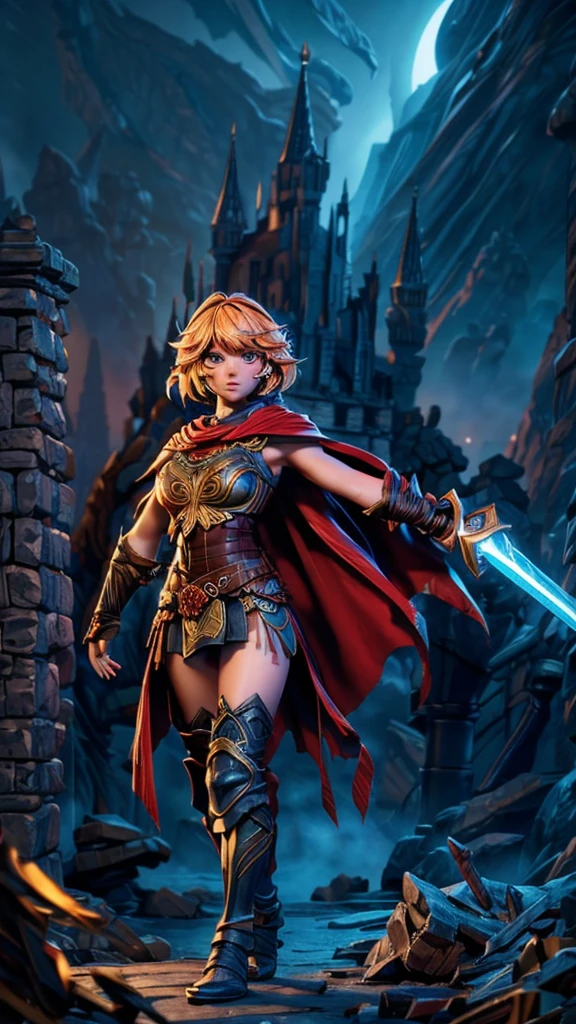 a female warrior, fantasy battle scene, highly detailed, cinematic lighting, dramatic poses, epic scale, intense action, incredible detail, muscular female figure, intricate armor, flowing cape, glowing sword, magical energy, dark stormy clouds, ruined castle in background, (best quality,4k,8k,highres,masterpiece:1.2),ultra-detailed,(realistic,photorealistic,photo-realistic:1.37),cinematic composition,dramatic shadows,vivid colors,dramatic lighting