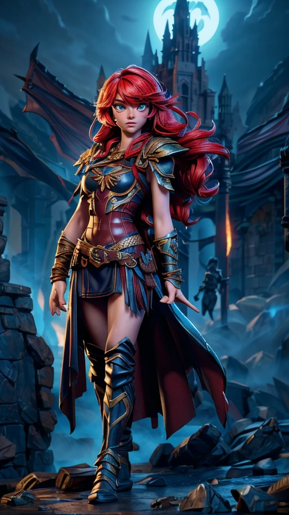 a female warrior, fantasy battle scene, highly detailed, cinematic lighting, dramatic poses, epic scale, intense action, incredible detail, muscular female figure, intricate armor, flowing cape, glowing sword, magical energy, dark stormy clouds, ruined castle in background, (best quality,4k,8k,highres,masterpiece:1.2),ultra-detailed,(realistic,photorealistic,photo-realistic:1.37),cinematic composition,dramatic shadows,vivid colors,dramatic lighting