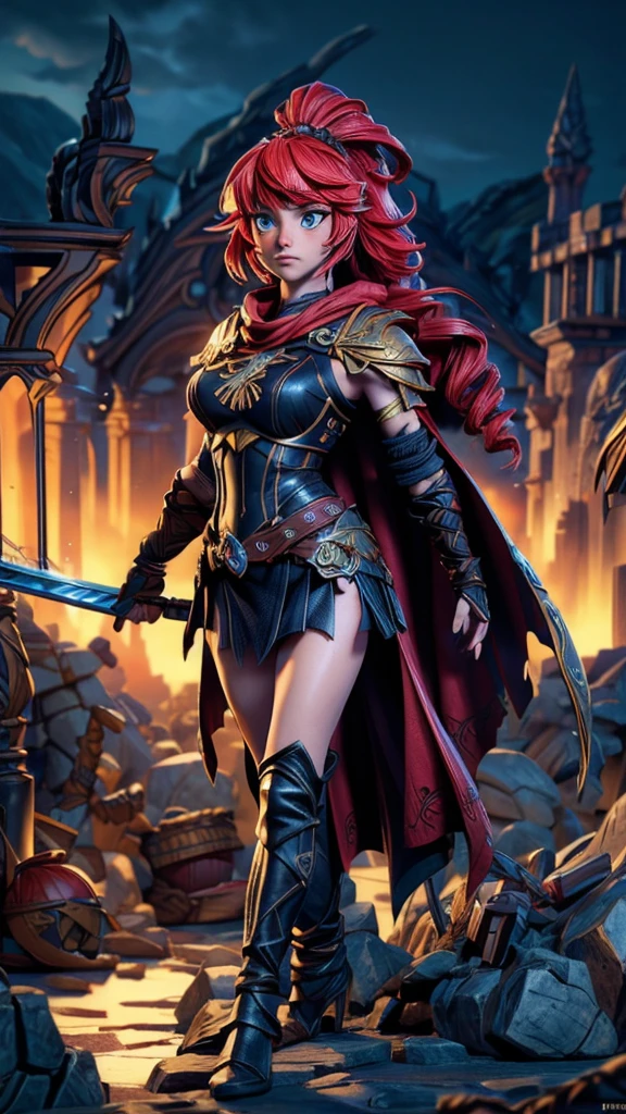 a female warrior, fantasy battle scene, highly detailed, cinematic lighting, dramatic poses, epic scale, intense action, incredible detail, muscular female figure, intricate armor, flowing cape, glowing sword, magical energy, dark stormy clouds, ruined castle in background, (best quality,4k,8k,highres,masterpiece:1.2),ultra-detailed,(realistic,photorealistic,photo-realistic:1.37),cinematic composition,dramatic shadows,vivid colors,dramatic lighting