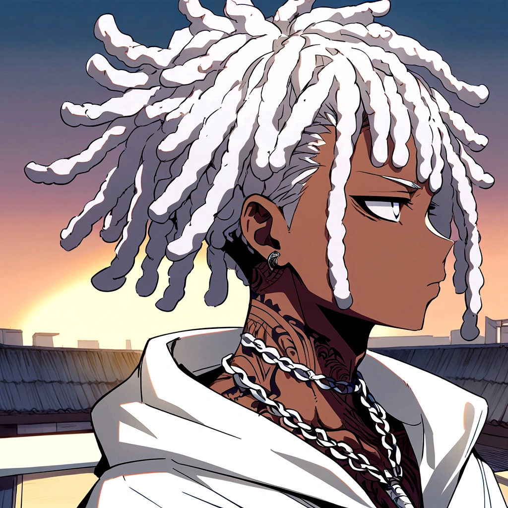 Anime style, A man with white dreadlocks, dark-skinned with white eyes and white pupils, xxtentacion, tattoo on his neck, with a white katana with yellow details, sitting on a roof watching the Sunset.