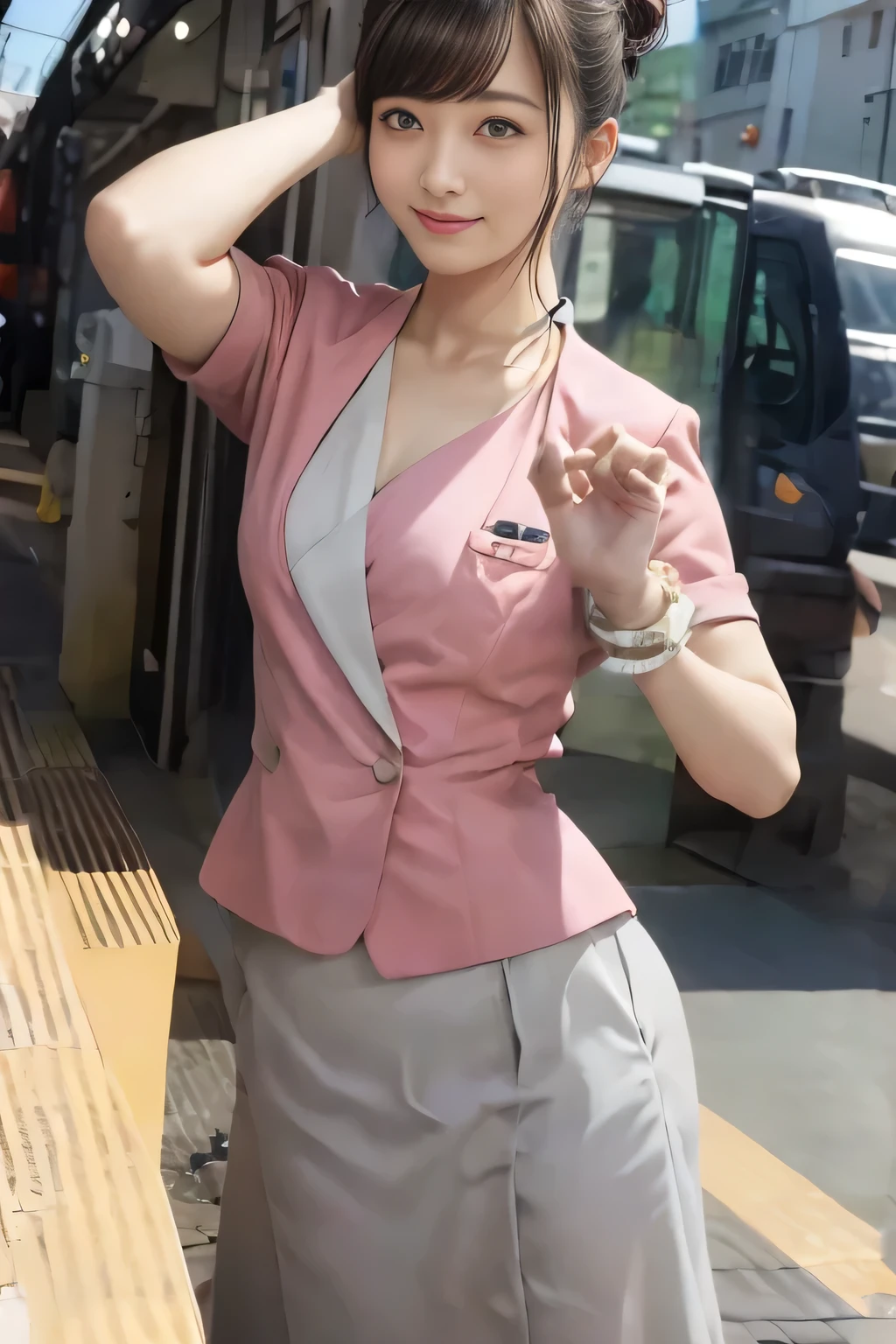 (masterpiece:1.2, highest quality:1.2), 32K HDR, High resolution, (alone、1 girl)、（On the rooftop of a building in the daytime、Professional Lighting）、Building rooftop background、（Nankai train crew uniform pinkを着たリアルスタイル）、（Nankai train crew uniform pink short sleeve pink jacket、Nankai Train Crew Uniform Pink Collarless Short Sleeve Blouse、Nankai Train crew uniform pinkのグレー色のキュロットスカート）、Dark brown hair、（Hair tied up、Hair Bun、Hair Bun）、Dark brown hair、Long Shot、Big Breasts、Thin legs、（（Great hands：2.0）），（（Harmonious body proportions：1.5）），（（Normal limbs：2.0）），（（Normal finger：2.0）），（（Delicate eyes：2.0）），（（Normal eyes：2.0））)、smile、（Nankai Train crew uniform pinkのグレー色のキュロットスカートを見せた美しい立ち姿）、Put your hands down、I have nothing in my hands