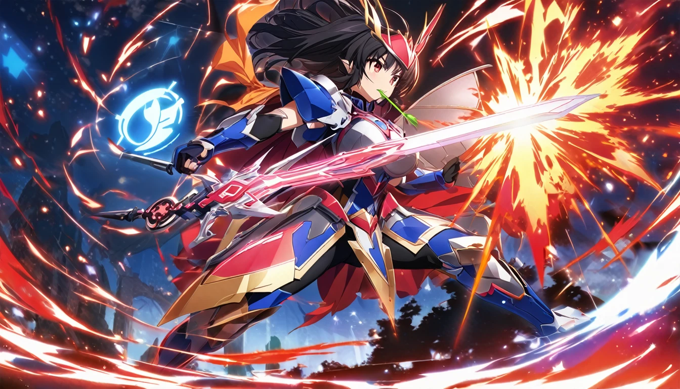((anime infinite stratos art, masterpiece, 4k, extreme quality)).
the theme is Disney's Snow White.
the setting is a magical forest, very detailed, full of different animals, it's afternoon.
Snow White, 16 years old, wearing a IS-armor(amazing short-ranged IS extremely fast that breaks the dimensional barrier, Disney's Snow White based, blue and red colors, a apple logo in armor) and wielding wakizashi(cybernetic and futuristic, one in each hand), very short black hair, very large and huge breasts G Size, weed cigarret in mouth, fierce bahavior, pose of battle, fullbody.
the atmosphere is cool.
full view of the scene.
