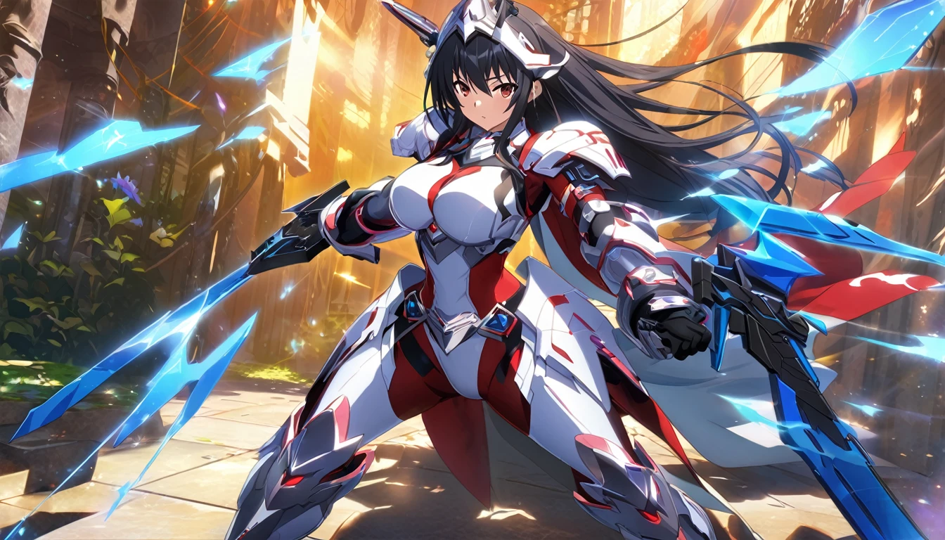 ((anime infinite stratos art, masterpiece, 4k, extreme quality)).
the theme is Disney's Snow White.
the setting is a magical forest, very detailed, full of different animals, it's afternoon.
Snow White, 16 years old, wearing a IS-armor(amazing short-ranged IS extremely fast that breaks the dimensional barrier, Disney's Snow White based, blue and red colors, a apple logo in armor) and wielding wakizashi(cybernetic and futuristic, one in each hand), very short black hair, very large and huge breasts G Size, weed cigarret in mouth, fierce bahavior, pose of battle, fullbody.
the atmosphere is cool.
full view of the scene.