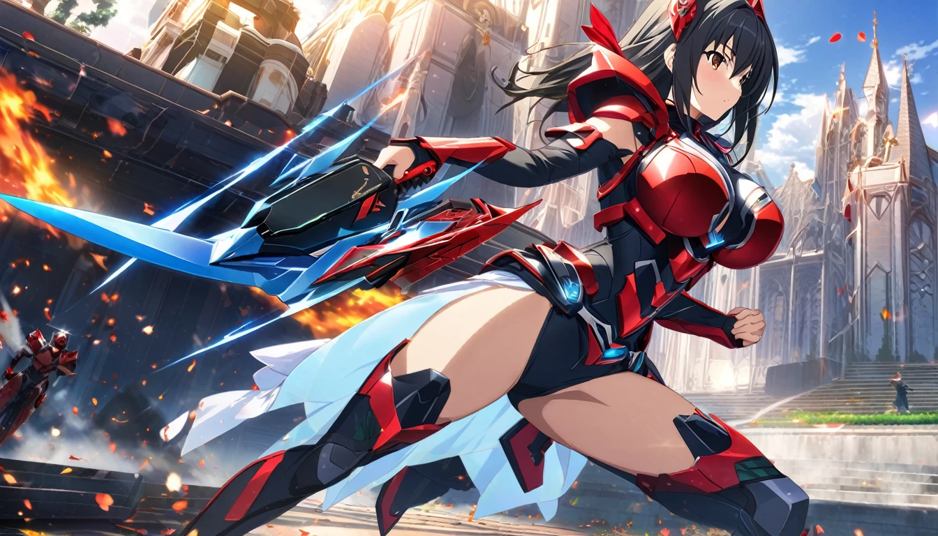 ((anime infinite stratos art, masterpiece, 4k, extreme quality)).
the theme is Disney's Snow White.
the setting is a magical forest, very detailed, full of different animals, it's afternoon.
Snow White, 16 years old, wearing a IS-armor(amazing short-ranged IS extremely fast that breaks the dimensional barrier, Disney's Snow White based, blue and red colors, a apple logo in armor) and wielding wakizashi(cybernetic and futuristic, one in each hand), very short black hair, very large and huge breasts G Size, weed cigarret in mouth, fierce bahavior, pose of battle, fullbody.
the atmosphere is cool.
full view of the scene.
