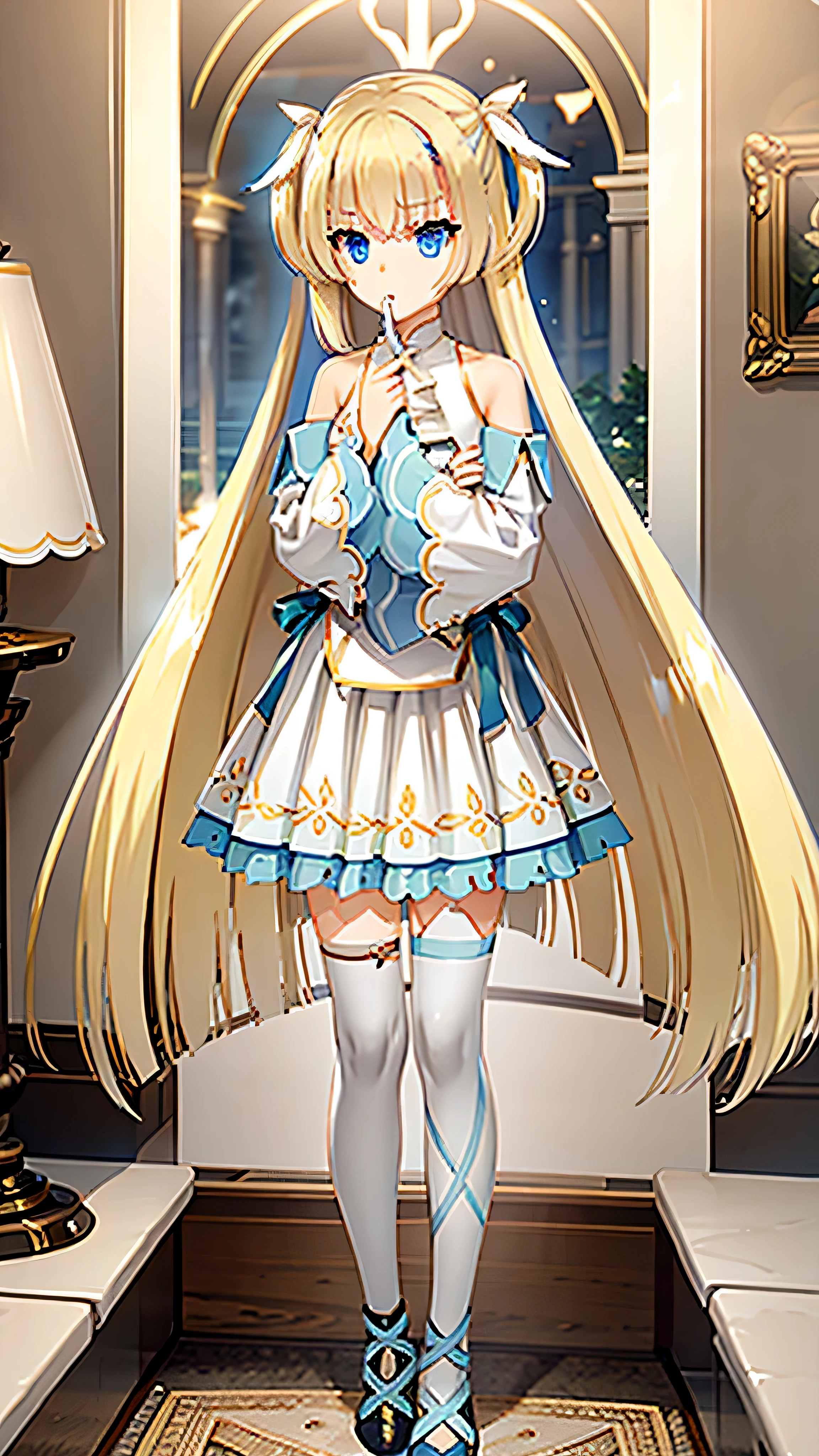 masterpiece,Highest quality,A dignified and elegant girl,Blonde hair and blue eyes,White tuxedo,God of Order,Light Shining on the Earth,The light of God,Temple of Order,Aurora,Void Phantom Mirror Broken,The Secret of Dominating All Worlds,Light and Dark Space-Time Collision,Full body picture,The Judgment of the Undying Light,To the audience,Holding a box in hand,Cruise in the abyss of light