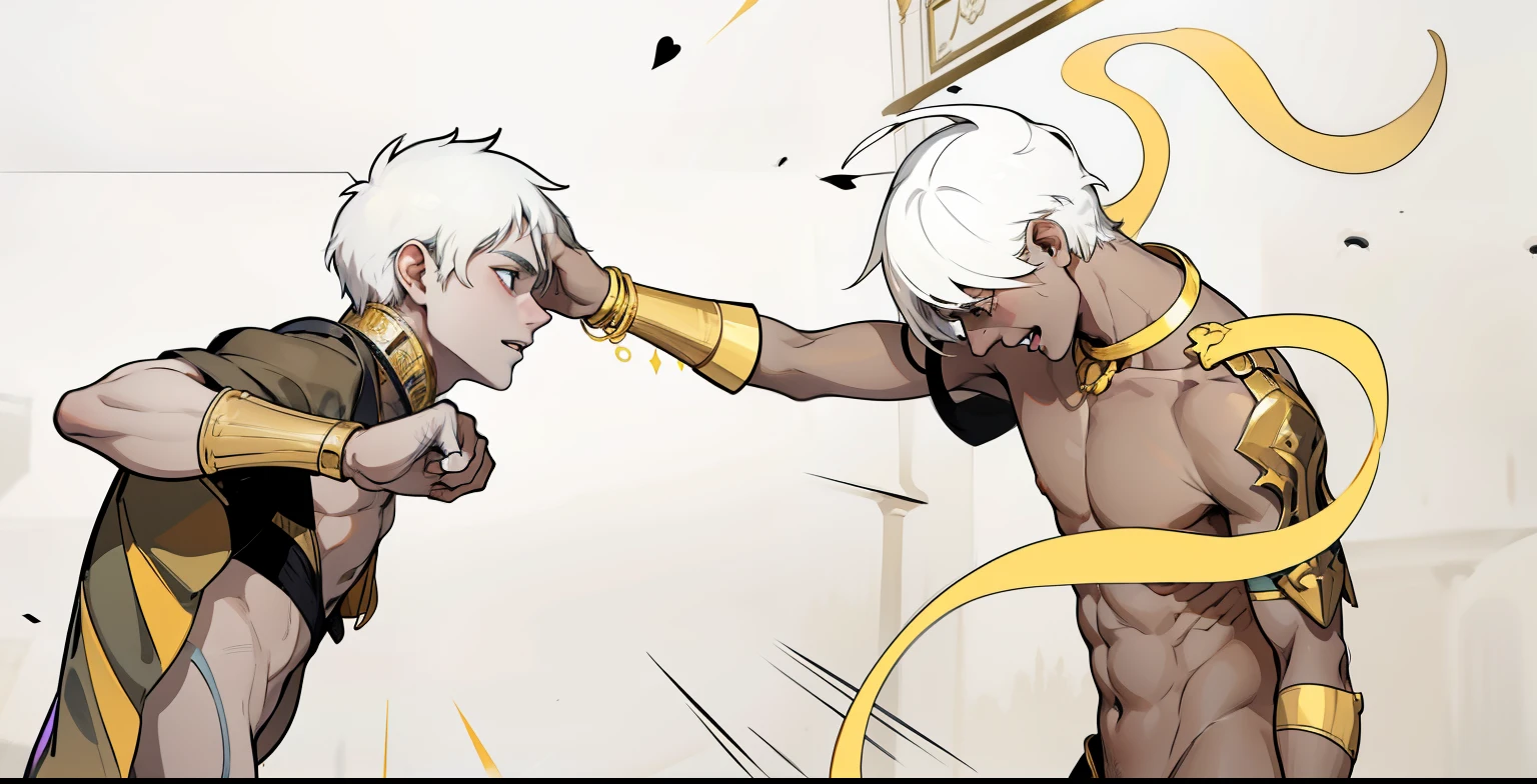 There are two 17-year-old boys with white hair in a fight, golden jewelry, they are in the room of a palace in Egypt, their clothes are black and yellow.