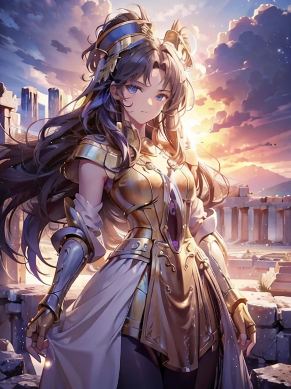 masterpiece, highest quality, Very detailed, 16k, Ultra-high resolution, Cowboy Shot, Detailed face, Perfect Fingers, One female, aged 14, Greece, Dreamscape, In front of the Parthenon, GeminiArmor