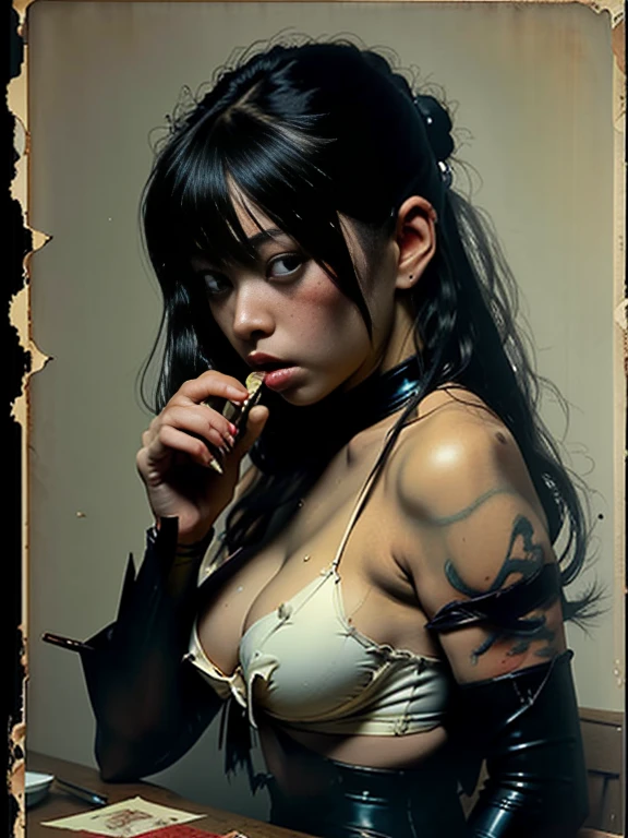Japanese girl ing an old banana, smalls titsntage exploitation poster, magazine illustration, paper ripped and worn, stained, classic Toho Pictures Horror, Gothic, Asian Sleaze, Japanese trash culture, 60s and 70s, Tokyo porn, latext, horror text, bold fonts, lurid vivid colors, by Brian Bolland, by Frazetta, oil paint, ink, dramatic, erotic, by Nhi Araki, by Toshio Saeki, bondage, pain, bonuffering, sadne