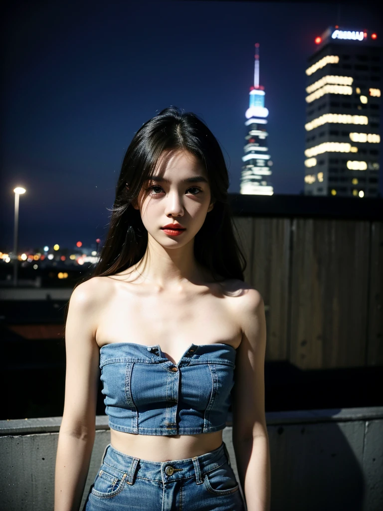 (1girl), russian, solo, long_hair, wearing(denim-strapless-shirt, white-miniskirt), photo(medium-shot), portrait, standing, pov, blurry_background, background(night, tower, rooftop, nightlight), (photorealistic, absurdres, best_quality:1.55),