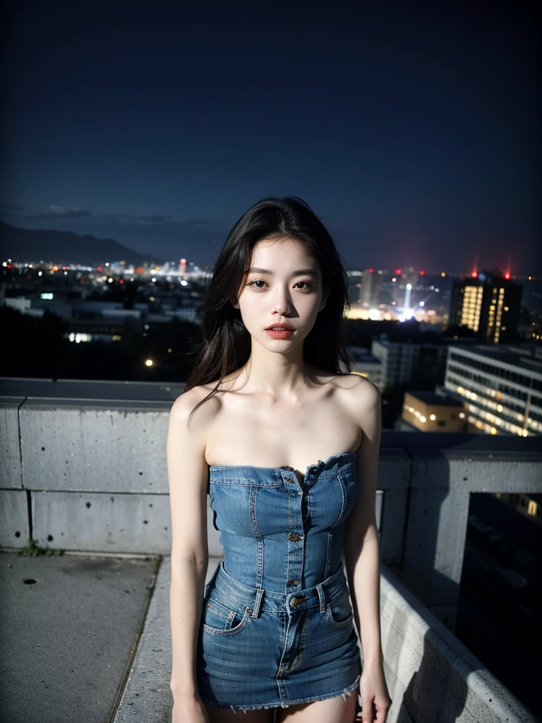 (1girl), russian, solo, long_hair, wearing(denim-strapless-shirt, white-miniskirt), photo(medium-shot), portrait, standing, pov, blurry_background, background(night, tower, rooftop, nightlight), (photorealistic, absurdres, best_quality:1.55),