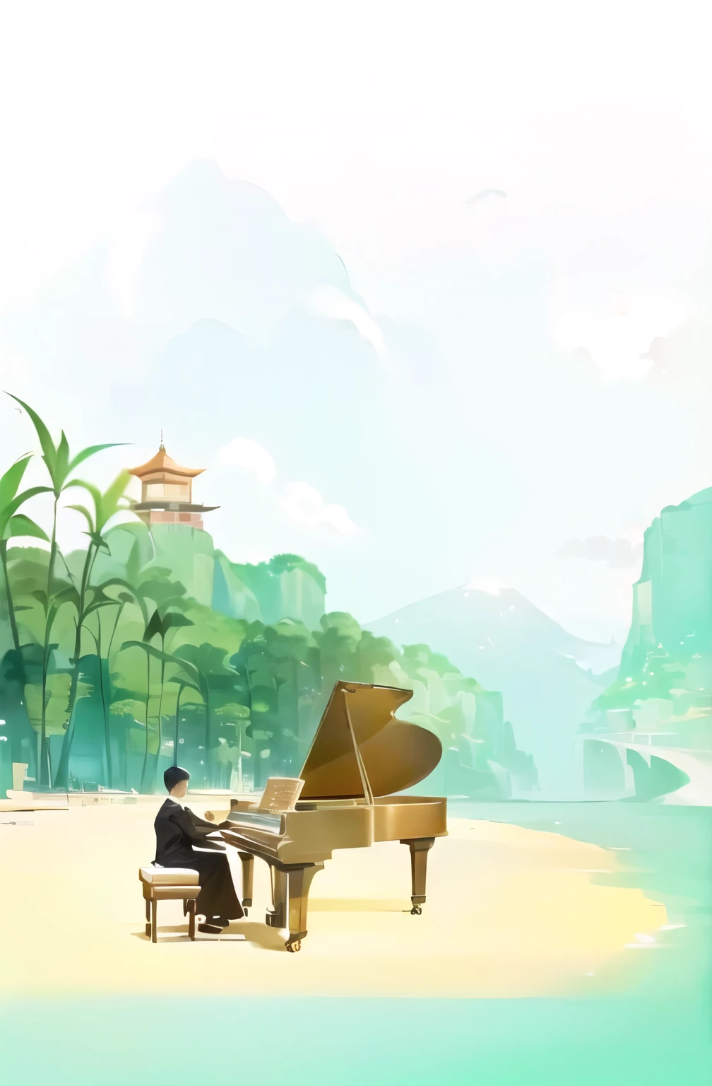 there is a man playing a piano on the beach, in style of atey ghailan, background artwork, relaxing concept art, pianist, background art, inspired by Huang Gongwang, scenery artwork, by Yang J, artwork in the style of guweiz, inspired by Song Xu, g liulian art style, inspired by Atey Ghailan