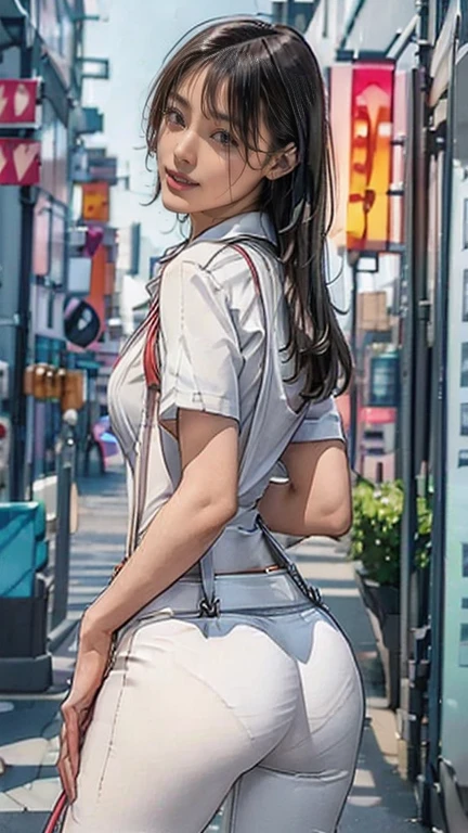 ((In the city:2.0)), ((Backwards:2.0)), ((Collared shirt:2.0, suspenders:2.0, White pants:1.8)), (clothing:2.0, Panties under white skinny pants:2.0, suspenders under collared shirt:2.0, A bow tie:1.2, sneakers:1.5), ((In the city:2.0)), ((Grin:1.2, Small breasts:1.5, thin:1.5, Small Ass:1.5)), ((Japanese, 1 girl, 18-year-old, 7 heads, Ideal body type, Black Hair, With bangs, Small breasts, Erect nipples, thin, Small Ass, Beautiful legs, Thin legs)), Surrealism, Cinema Lighting, Written boundary depth, First Person View, Boobs F/1.8, Ticker, Collect and organize, ((Anatomically correct:1.3)), Super detailed, Awards, highest quality, High resolution, 135mm, High detail, masterpiece, Textured skin, high quality, 8k