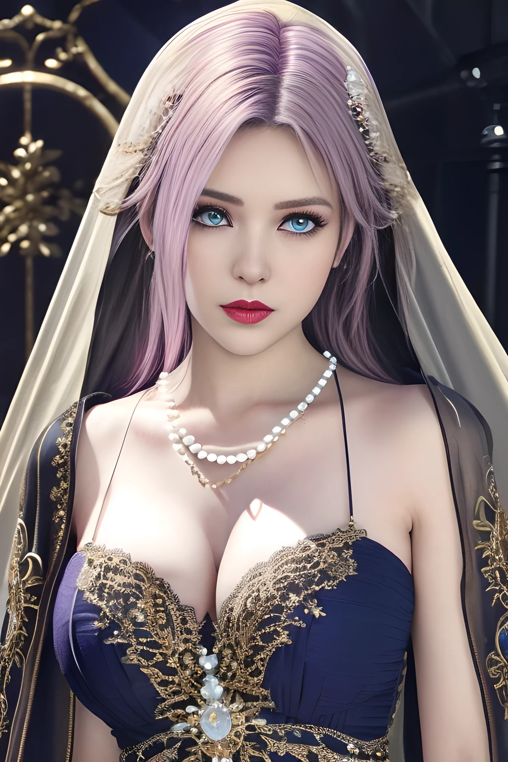 1 girl, ice-crystal embellished dress, jewel, lace cloak, fluffs, pearl bodychain, ethereal glow, regal elegance, intricate details, luxurious, royal, otherworldly beauty, dark atmospheric background, supernatural aura, beautiful detailed eyes, beautiful detailed lips, extremely detailed eyes and face, long eyelashes, (best quality,4k,8k,highres,masterpiece:1.2), ultra-detailed, (realistic,photorealistic,photo-realistic:1.37), sharp focus, vivid colors, HDR, studio lighting, physically-based rendering, elise,