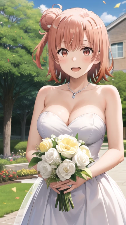 masterpiece, best quality, highres, Yuigahama Yui, short hair, single hair bun, red eyes, , wedding dress, white dress, strapless, , smile, open mouth, holding bouquet, confetti, garden