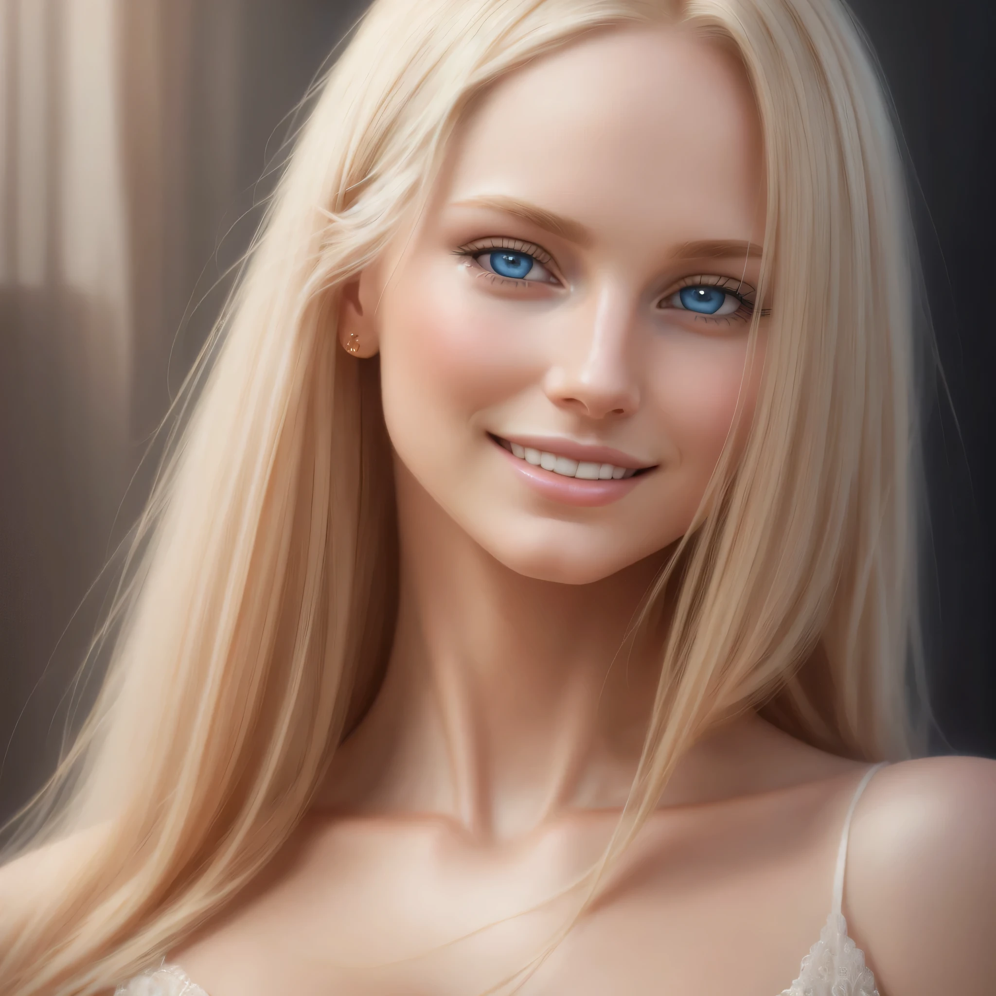 Soft portrait of a beautiful blonde woman, flowing golden hair, captivating blue eyes, delicate features, radiant smile, natural makeup, elegant attire, gentle expression, subtle blush, warm skin tones, ethereal lighting, soft shadows, high-resolution digital painting, realistic style, artistic interpretation, by a skilled portrait artist, ArtStation showcase.