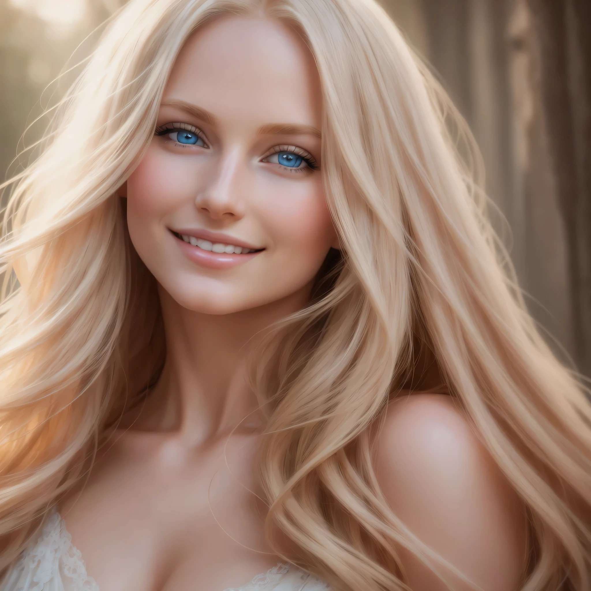 Soft portrait of a beautiful blonde woman, flowing golden hair, captivating blue eyes, delicate features, radiant smile, natural makeup, elegant attire, gentle expression, subtle blush, warm skin tones, ethereal lighting, soft shadows, high-resolution digital painting, realistic style, artistic interpretation, by a skilled portrait artist, ArtStation showcase.