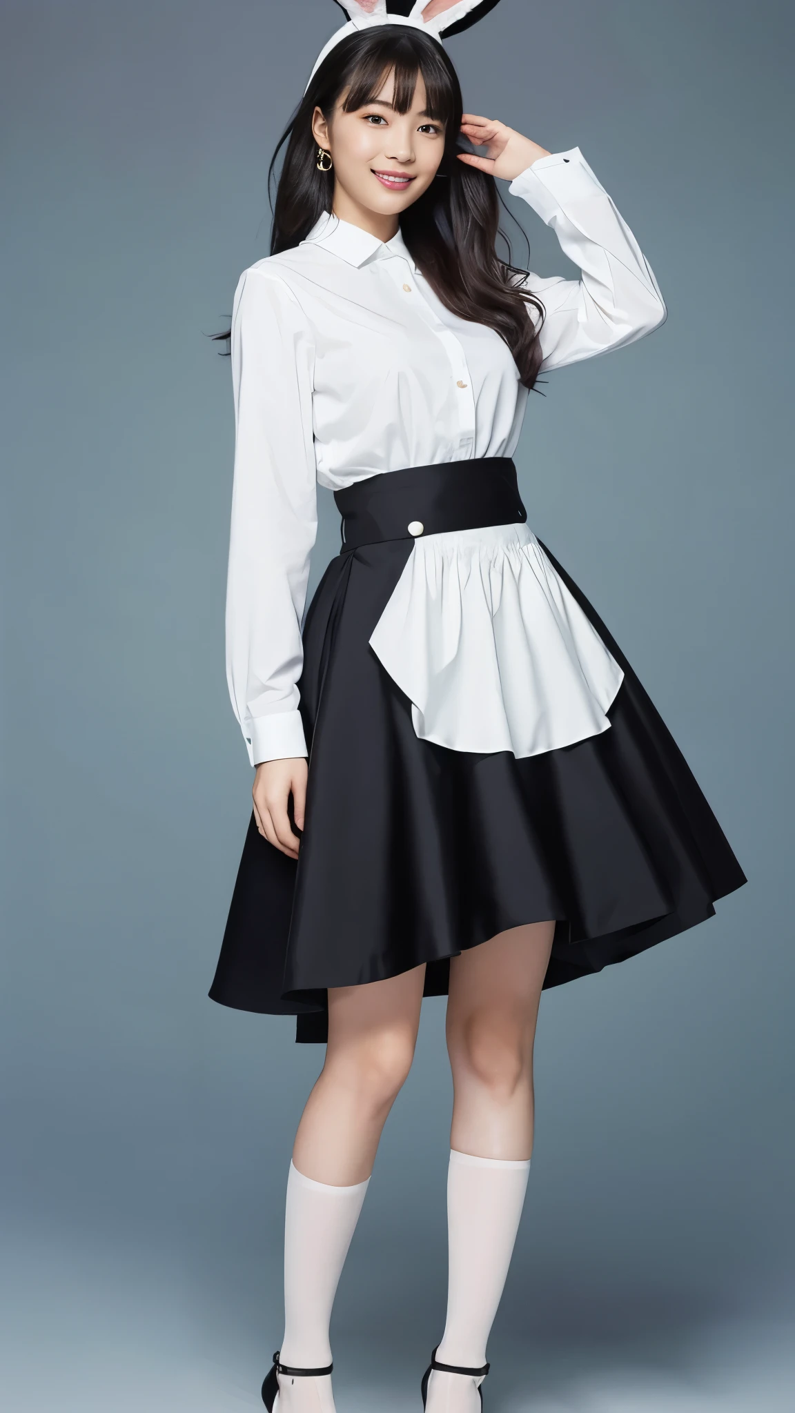 Bunny girl in a colorful maid outfit:1.5,Wearing black tights:1.5,The best smile:1.5,Full Body Shot:1.5,Gray background:1.5,Wearing black high heels:1.5,Lift up your skirt with your hands:1.5
