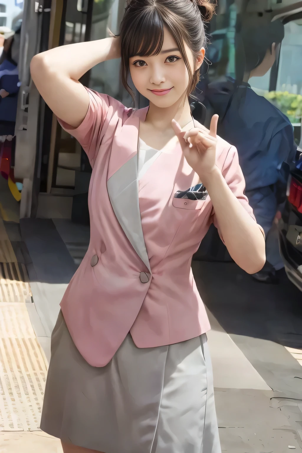 (masterpiece:1.2, highest quality:1.2), 32K HDR, High resolution, (alone、1 girl)、(On the rooftop of a building in the daytime、Professional Lighting)、Building rooftop background、(Nankai train crew uniform pinkを着たリアルスタイル)、(Nankai train crew uniform pink short sleeve pink jacket、Nankai Train Crew Uniform Pink Collarless Short Sleeve Blouse、Nankai Train crew uniform pinkのグレー色のキュロットスカート)、Dark brown hair、(Hair tied up、Hair Bun、Hair Bun)、Dark brown hair、Long Shot、Big Breasts、Thin legs、((Great hands:2.0)),((Harmonious body proportions:1.5)),((Normal limbs:2.0)),((Normal finger:2.0)),((Delicate eyes:2.0)),((Normal eyes:2.0)))、smile、(Nankai Train crew uniform pinkのグレー色のキュロットスカートを見せた美しい立ち姿)、Put your hands down、I have nothing in my hands