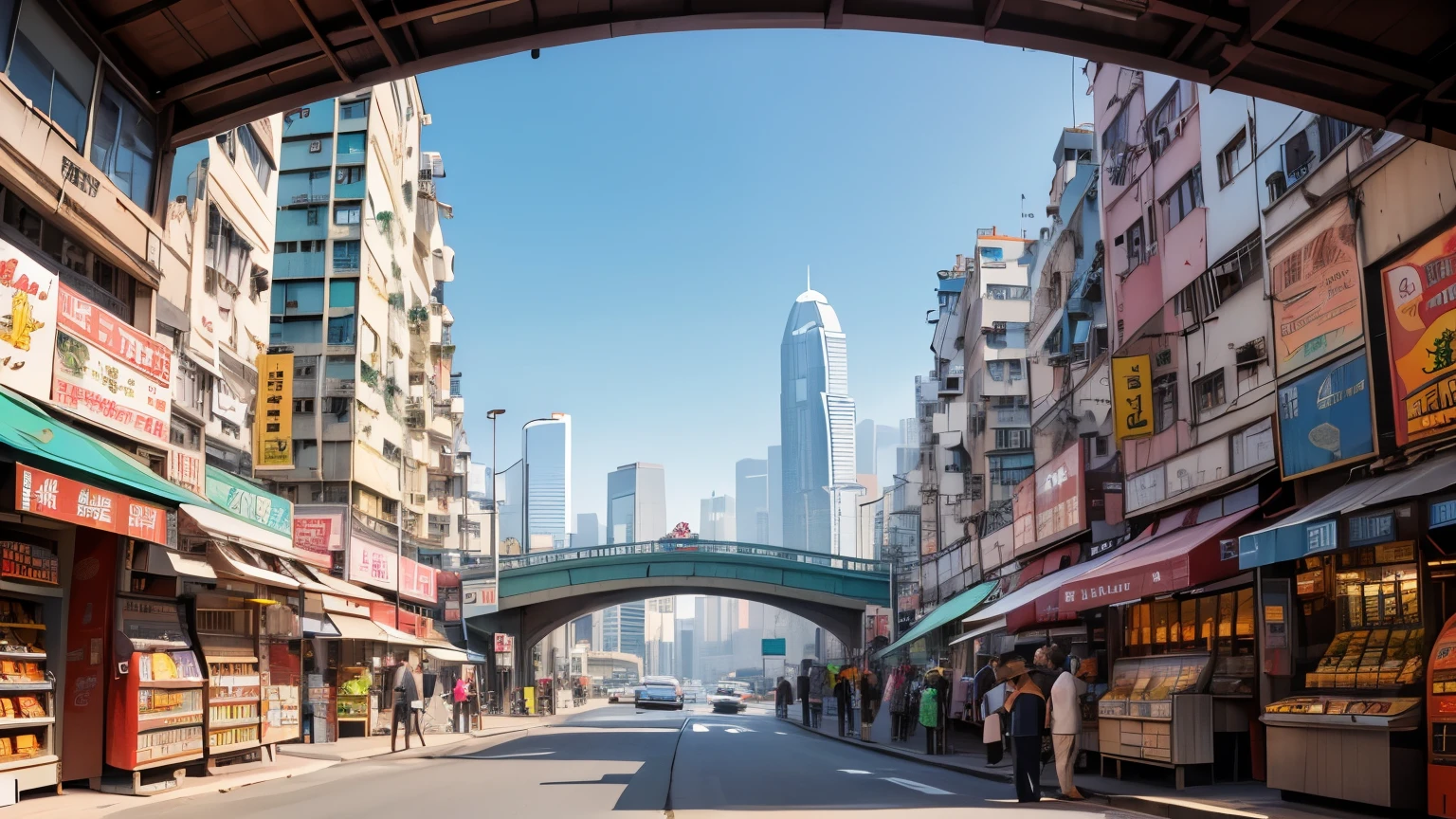 Inner City background hong kong, worms eye view. foreground is a bridge. A lot of merchants on the street, lots of vending machines. no people, symetric