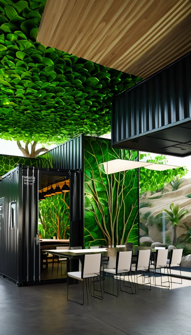 beautiful photograph like you are stay inside indoor mesmerizing a cargo container flat Suspensionally extended projected and looking to outside green rocky cave in Amazon indoor straight camera zoom-in view elegant dining restaurant with people modern twist luxurious container shape with huge windows sides inspiration from one floating cube shaped interior spatial geometric look and feel with minimalistic black & white atmosphere modern twist geometric architecture indoor huge green cave flat container conected with sidewalks and sand dune with elegant classy cargo furniture style with rectangular view front camera close-up on tall huge container and accessories in bespoke with modern twist architecture style & rectangular structure made of natural black & white huge glass unique with modern chandeliers and steel walls open to indoor dining area with with people ethereal with modern twist modern landscape structure & style like a grand amazon jungle green cave canyon and hundreds of Amazon trees in multi-layered open off-white with metalic decorative luxurious light and dramatic shadows in the front open huge opening to the desert with many huge trees, vibrent with modern twist architecture, environmental, Photographic style capture the essence of this extraordinary space and watch as it becomes a trendsetter on the international showcase, captivating the imagination of global audiences, it gives you feeling of hyper and luxury, hyper realistic, ultra-detailed, 8k, ultra-high resolution image, professional photography lighting and camera setting, ultra-clear ray tracing, ultra-clear image, ultra-clear functional rich materials finishes, ultra-modern structure furniture, fancy and rich look & feel, modern glowing lighting fixtures, no figures, multi-layered